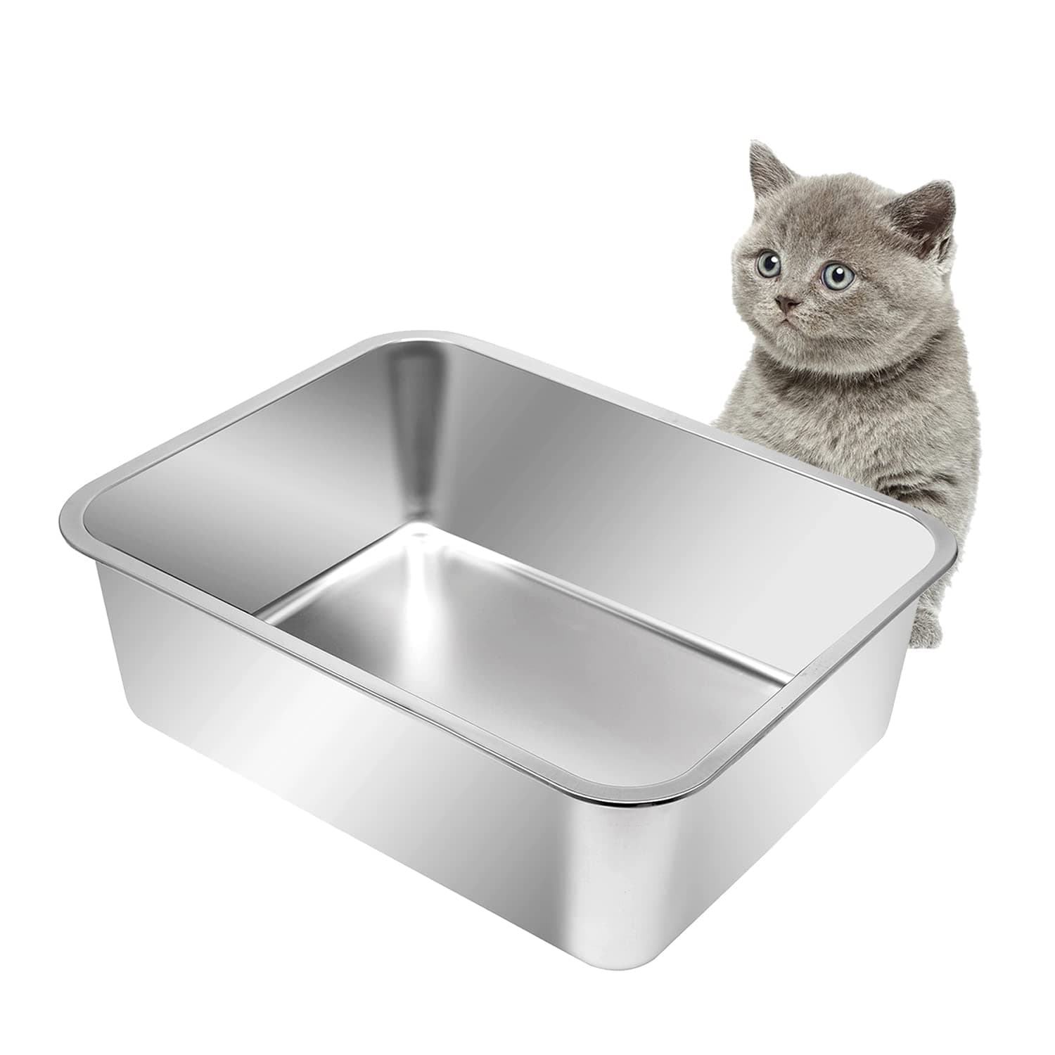 Kichwit Stainless Steel Cat Litter Box, Metal Cat Litter Pan, Kitten Litter Box Tray, Non Stick Smooth Surface (17.5" L x 13.5" W x 6" H)