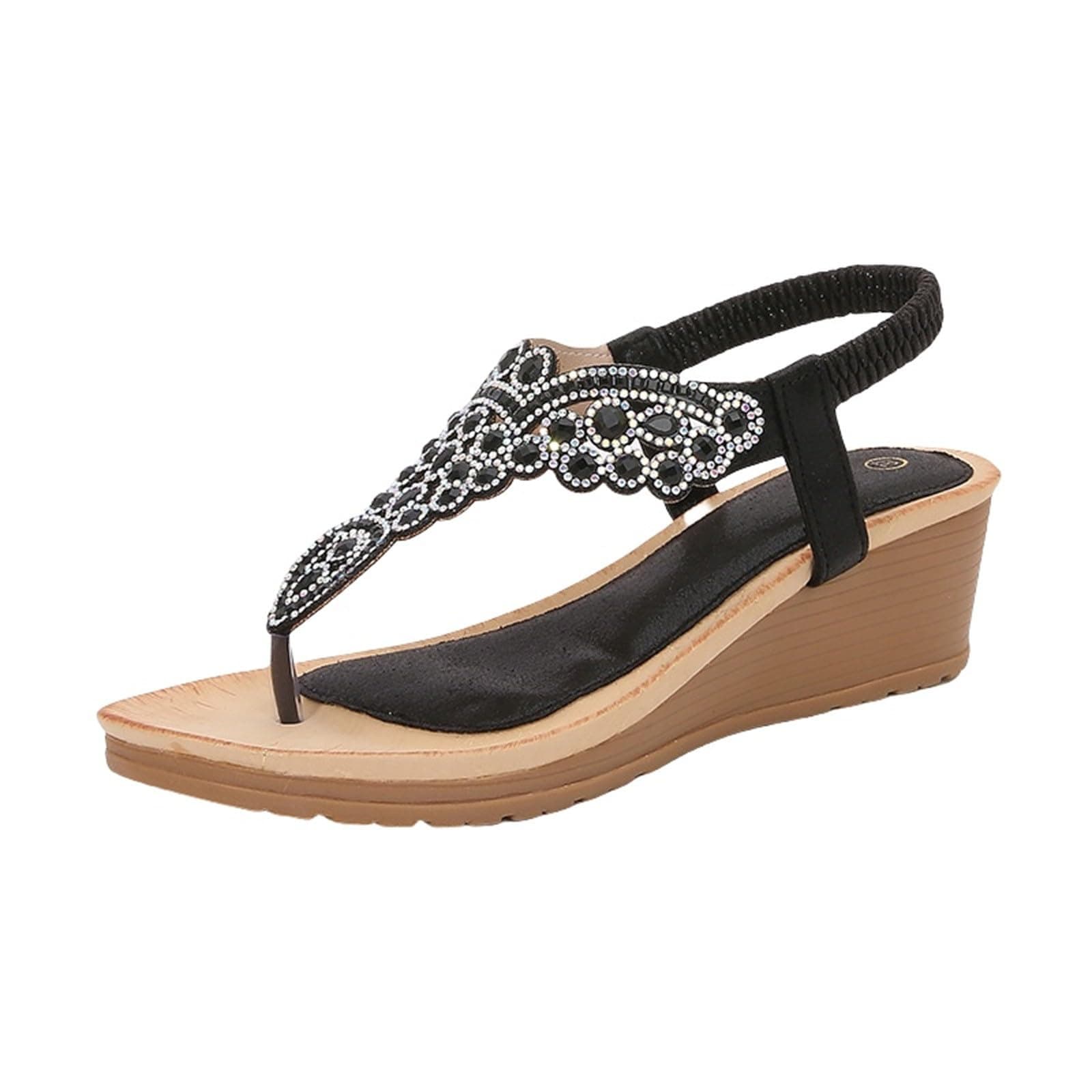 HEONSATI Ladies Wedge Shoes Bohemian Wide Fit Ankle Strap Slippers Beach Diamante Comfort Rhinestone Sling Back Sports Beaded Strap Leather Summer Open Toe Sandals Casual Boho Slingback
