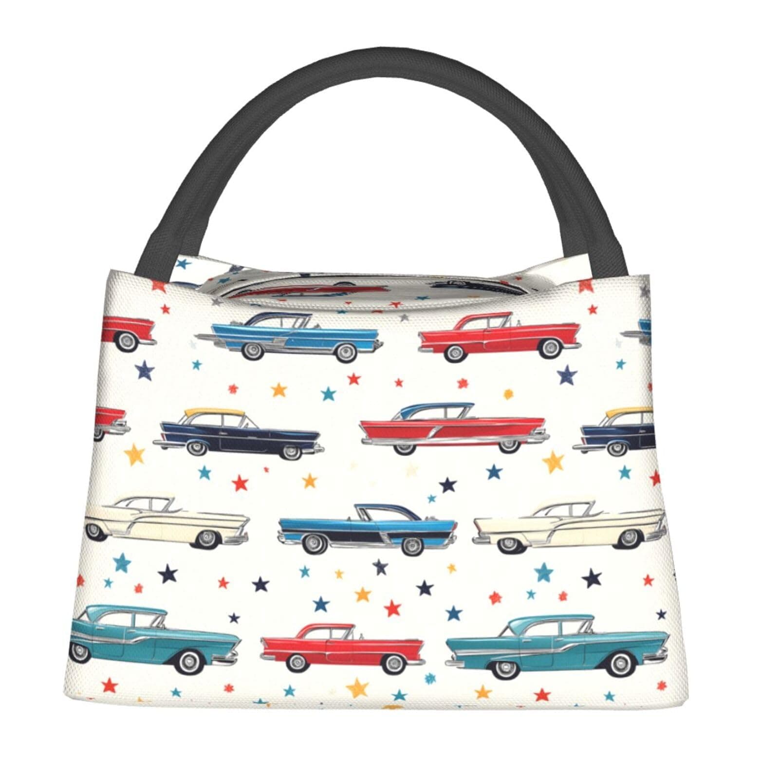 cromcu Retro Car Reusable Lunch Box, Vintage Classic Lunchbox for Kids Adults, Insulated Lunchbag, 11in*6.3in*6.7in, Gifts Makeup Bag, Portable Handbag for School Picnic Work Travel Beach or Hiking