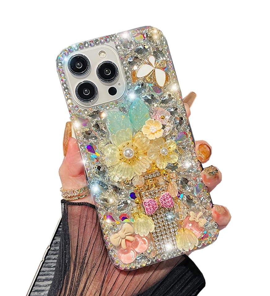 for Google Pixel 6 Pro Diamond Case Luxury for Women Girls Kids Design Handmade Glitter Bling Rhinestone 3D Flower Pretty Phone Cover,Yellow