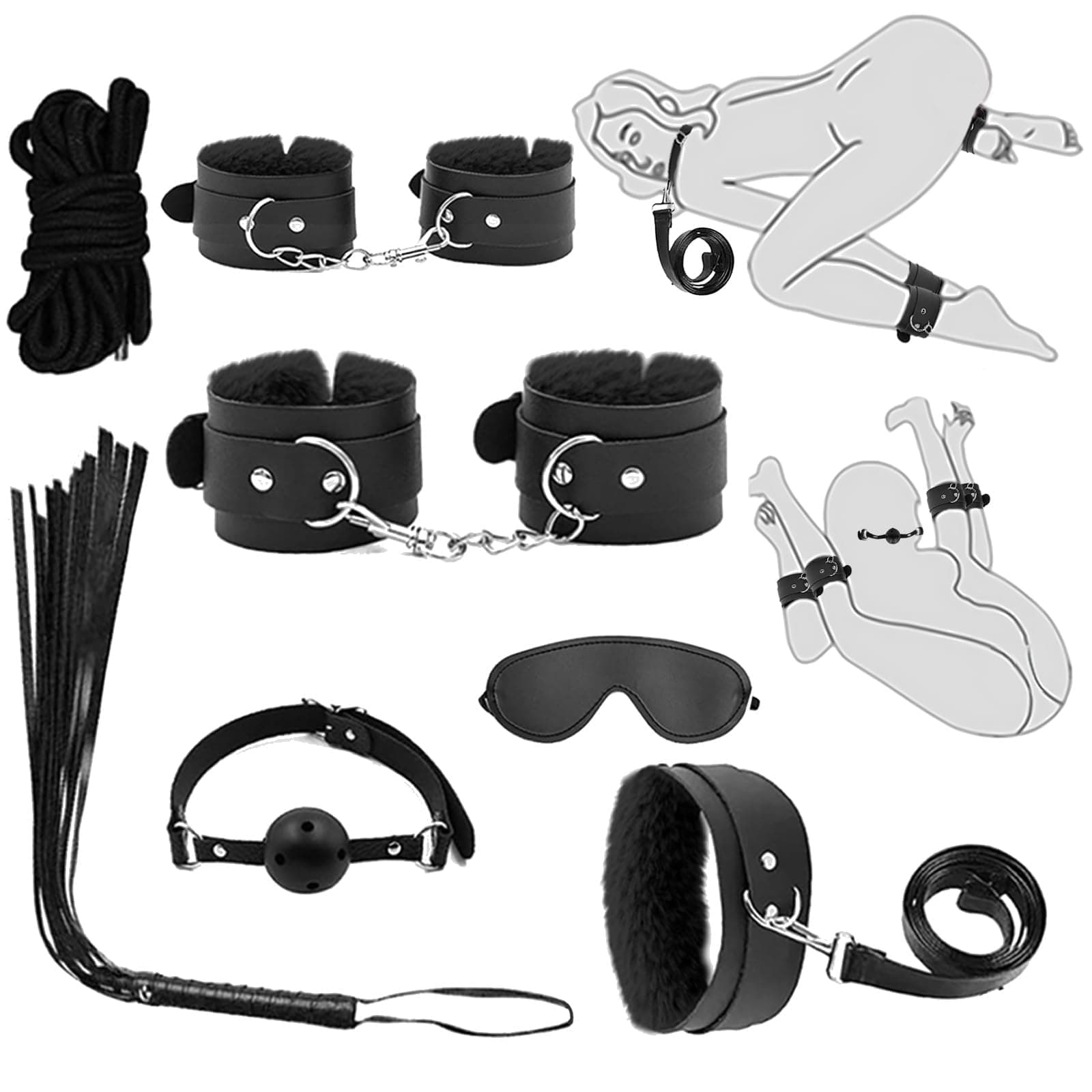 Lneibid 7-Pcs BDSM Kit for Beginners, Black Bondage Set for Couples with Adjustable Wrist & Ankle Cuffs, Collar, Blindfold, Ball Gag, Flogger & Ropes, Complete Adult Toy
