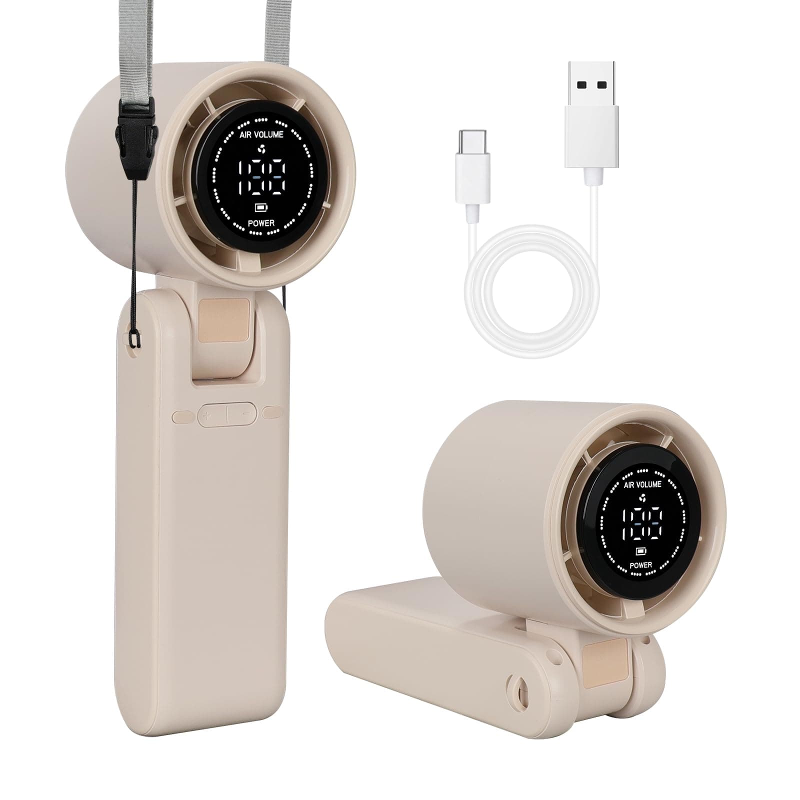 Quazextr 3 IN 1 Portable Handheld Mini Fan, Compact Personal Cooling, 100Speeds, Rechargeable, Quiet Operation, USB-C, for Travel, Office, Outdoor (Beige)
