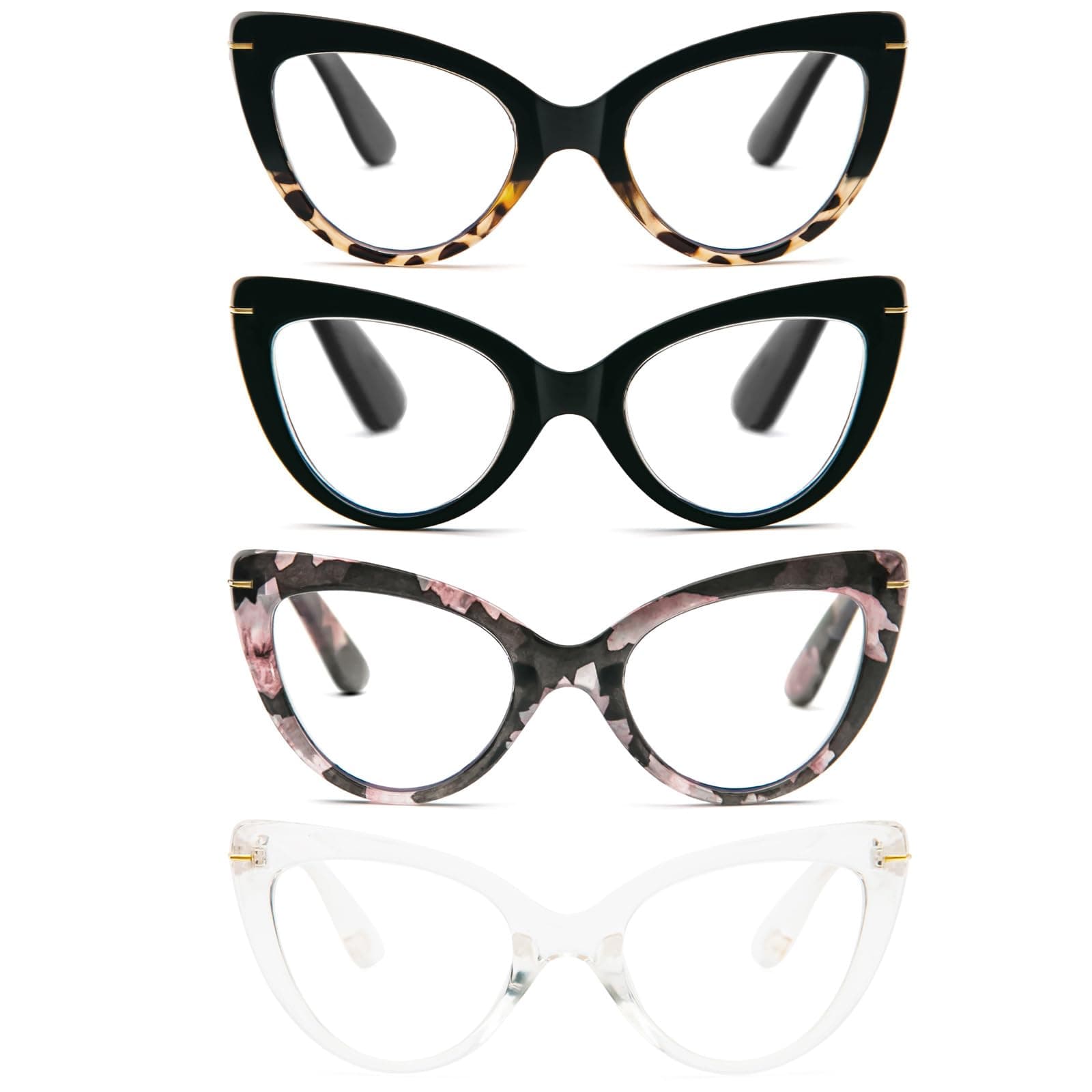MMOWW Cat Eye Reading Glasses for Women Fashion Cute Blue Light Blocking Readers 4 Pack, Black/Black Tortoise/Red Powder/Transparent +3.5