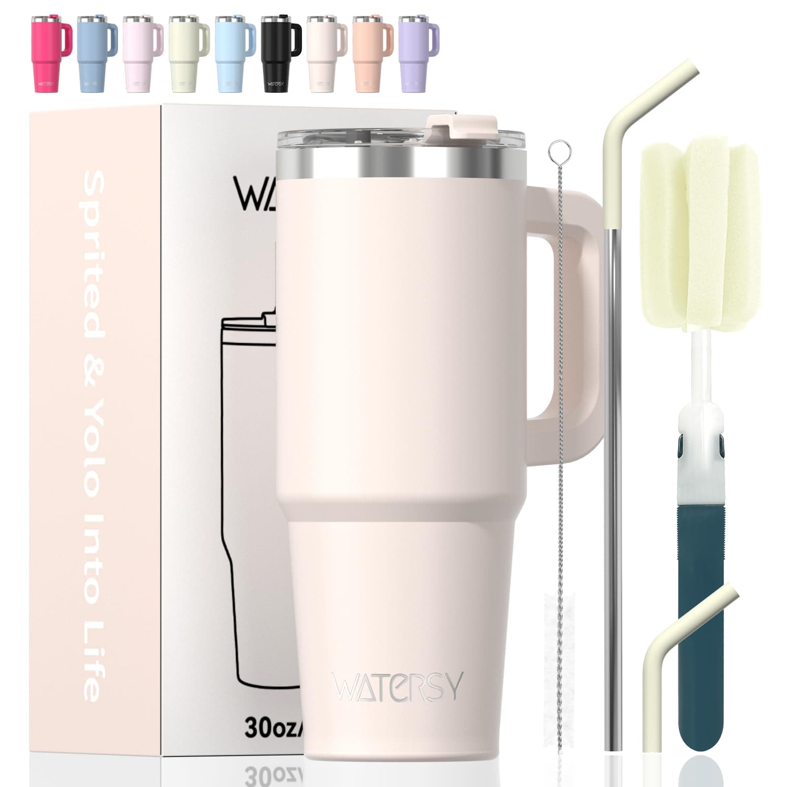 WATERSY 30 oz Tumbler with Handle,Tumbler with Lid and Straw,Double Wall Insulated Cup Stainless Steel Travel Mug(Cold for 34 Hours),Water Bottle for Iced Tea,Coffee,Cold Beverages(Ivory Beige)