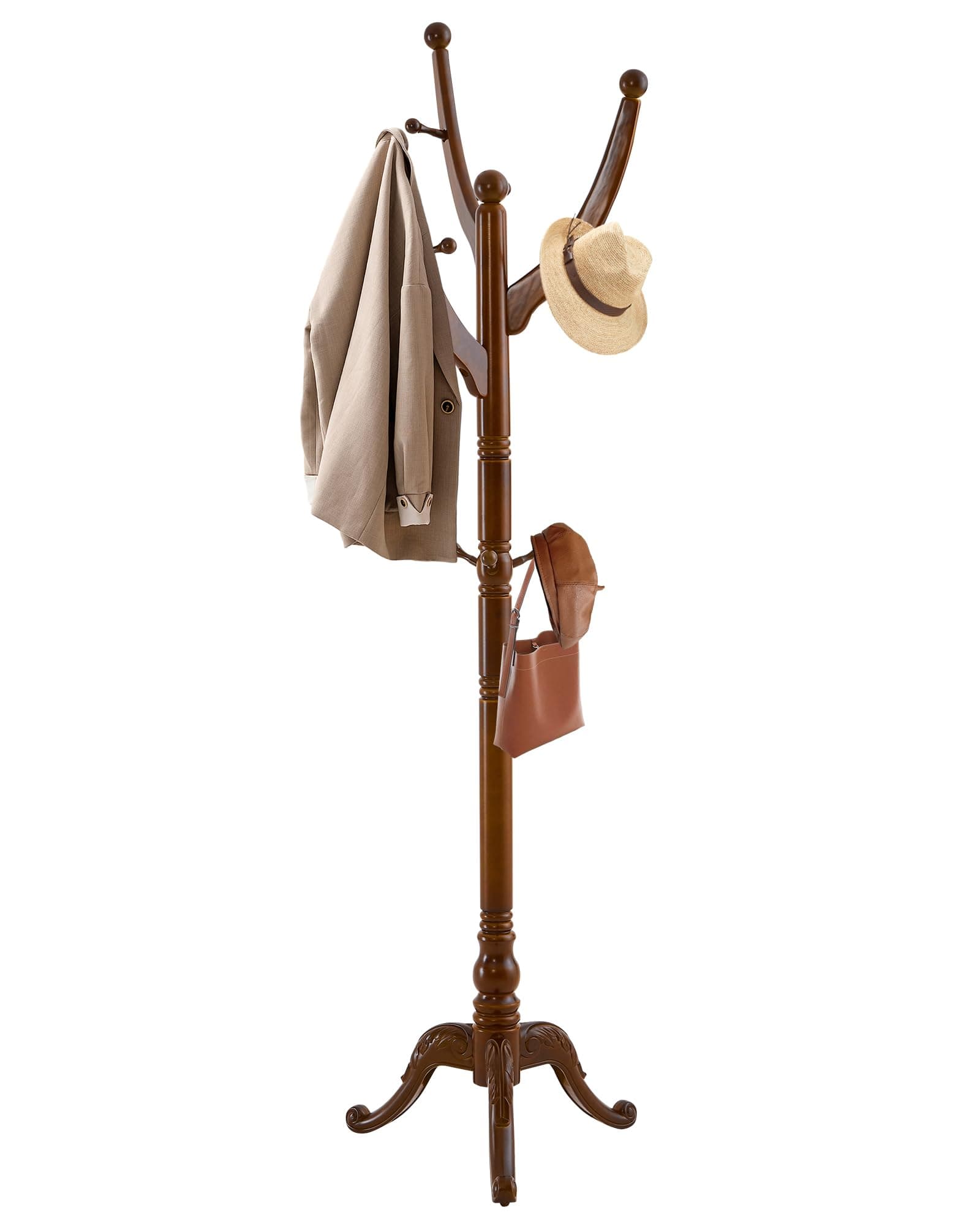 ZIECUKU Wooden Coat Rack Freestanding, Solid Wood Coat Rack Stand with 13 Hooks, Mid-Century Modern Heavy Duty Coat Racks,Walnut Brown Standing Coat Jacket Hanger Clothes Tree Stand for Corner, Office