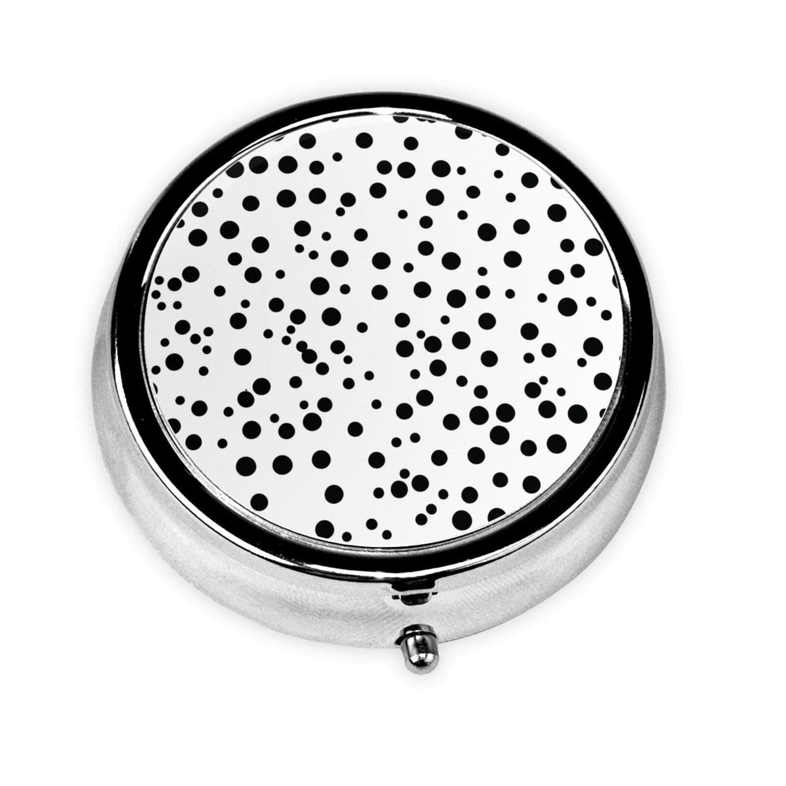 Black and White Polka Dot Metal Iron Electroplating, Round Pill Box, 2.0x2.0x0.7 inches, with 3 Plastic compartments