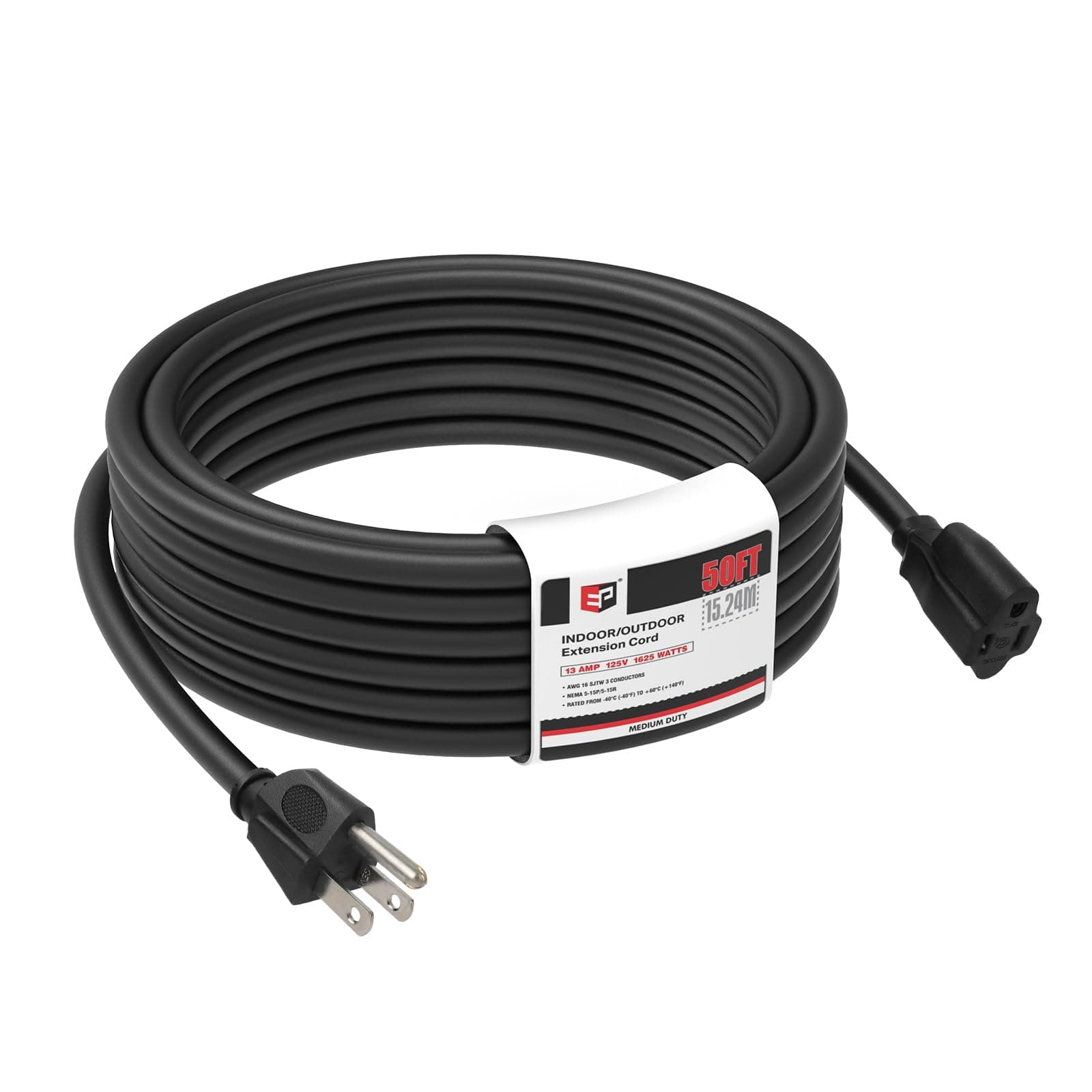 EP 50 Ft Outdoor Extension Cord - 16/3 SJTW Black Electrical Cable with 3 Prong Grounded Plug
