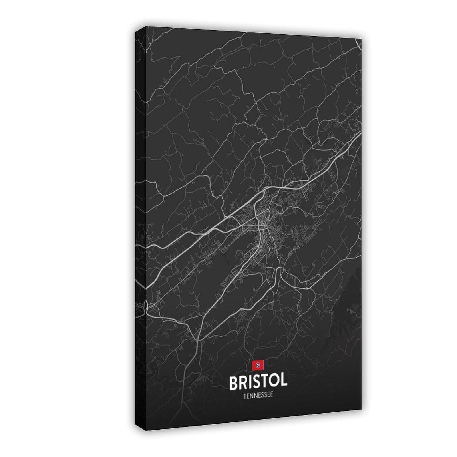 CFIOZYOS Black And White Map Bristol TN Poster Retro Style Black City Outline Map Office Canvas Print Wall Art Decoration Painting Frame 12x18inch(30x45cm)