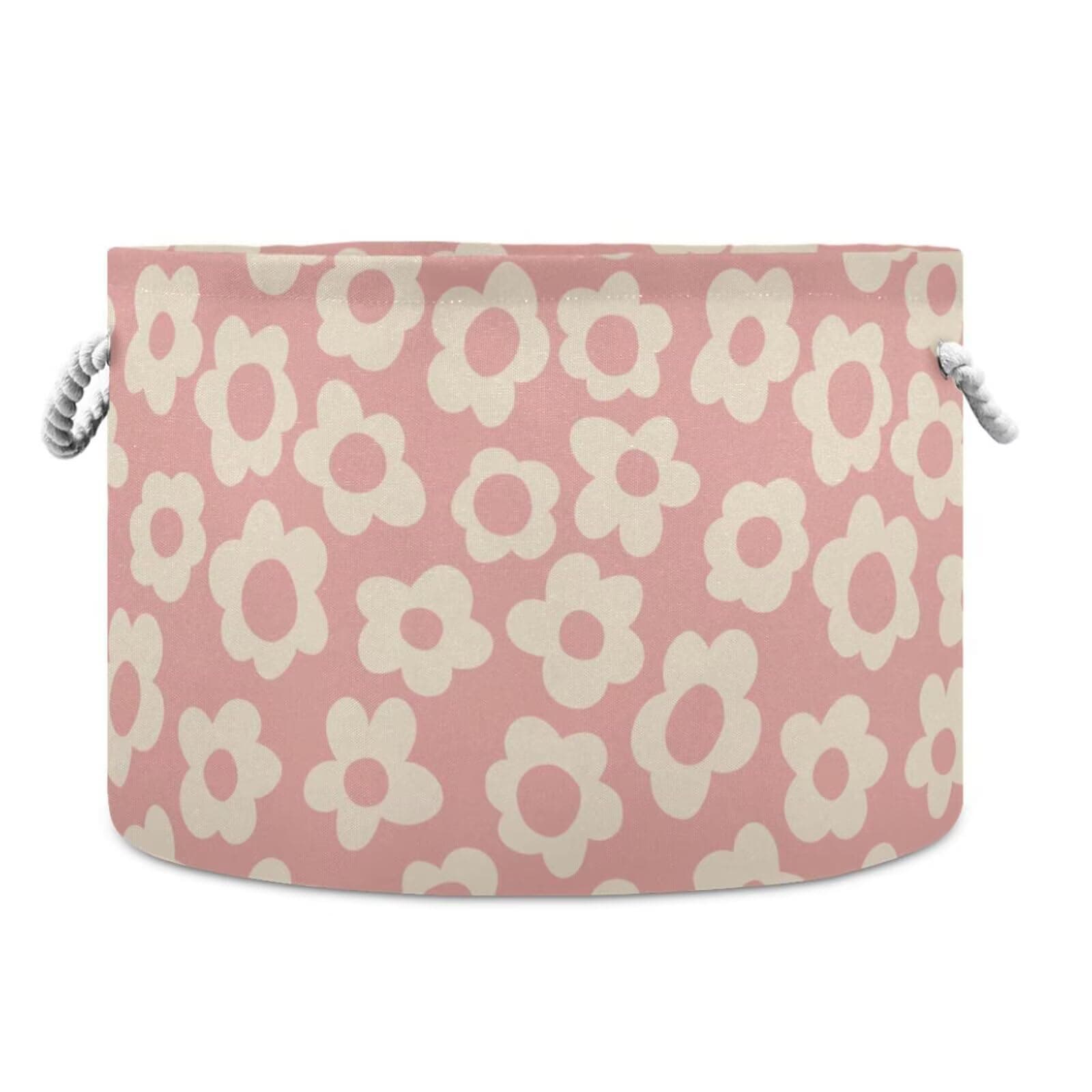 Vintage Pink Flower Print Round Storage Basket Cute Floral Large Laundry Hamper 20 x 20 x 14 Inches Organizer Bin with Cotton Rope Handles Clothes Storage Bag for Nursery Bedroom Living Room Decor