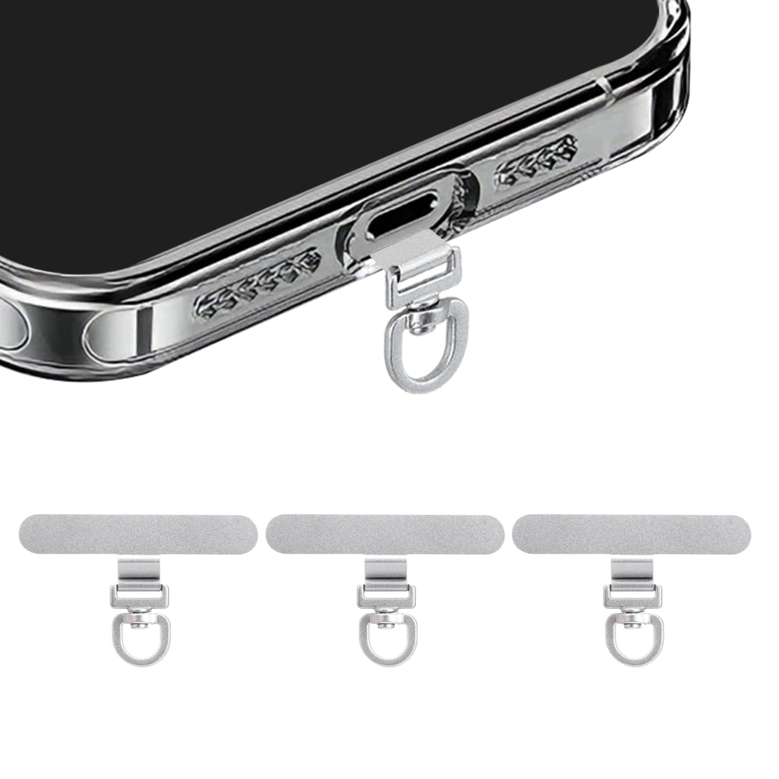 360° Rotating Stainless Steel Phone Tether Tab (Silvery 3-Pack) - Universal for iPhone & Other Phones (Fits Wristbands/Necklaces/Crossbody Straps)