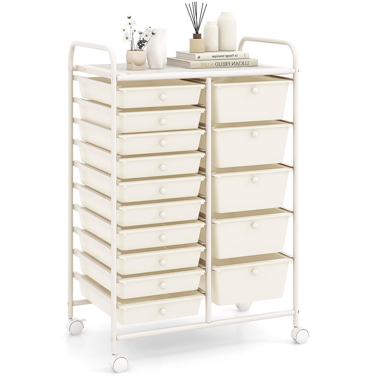 MEDIMALL 15 Drawers Rolling Storage Cart, Multipurpose Craft Storage Cart with Wheels, Mobile Tools Scrapbook Paper Organizer Cart for School Home Office Use (White)