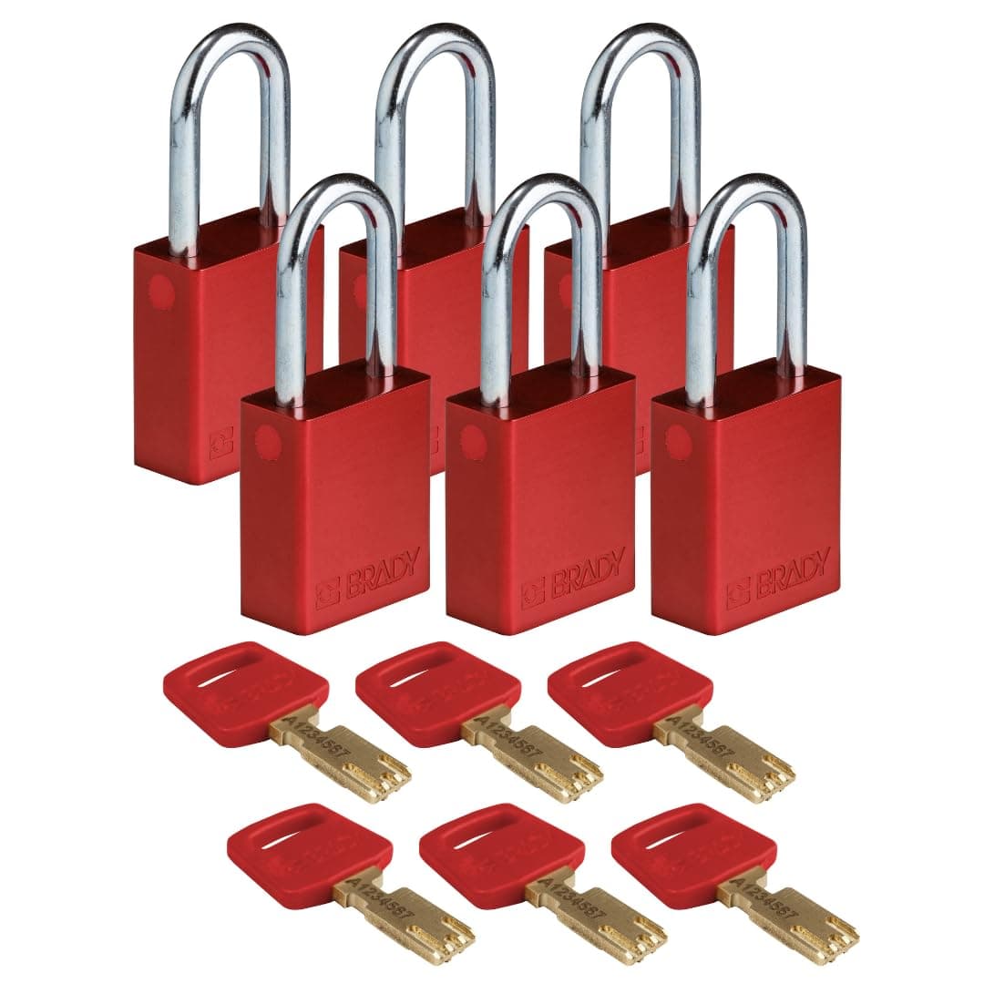 Brady SafeKey Lockout Padlock Aluminum Red 1.5" Steel Shkl Keyed Different 6 Pk