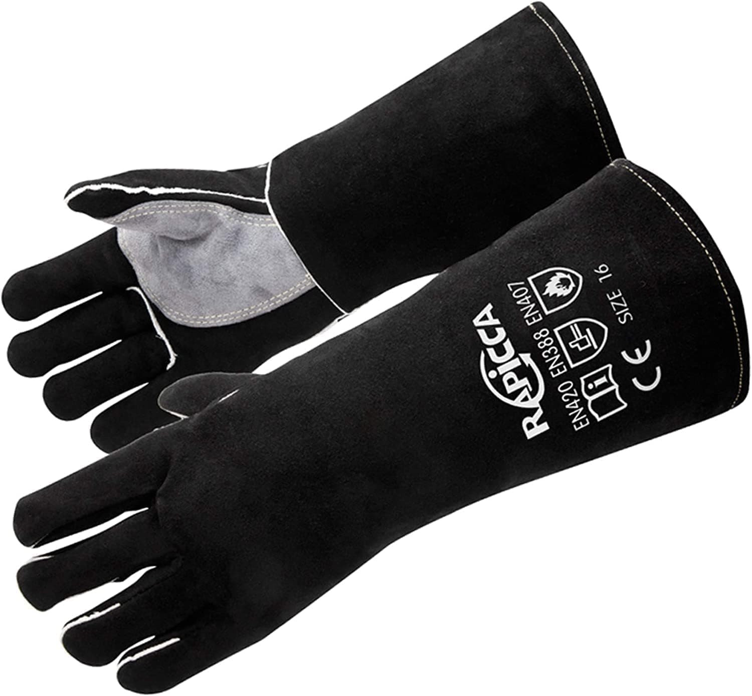 RAPICCA Fireplace Fire Pit Gloves, 662°F Fireproof Leather, 14 in Black