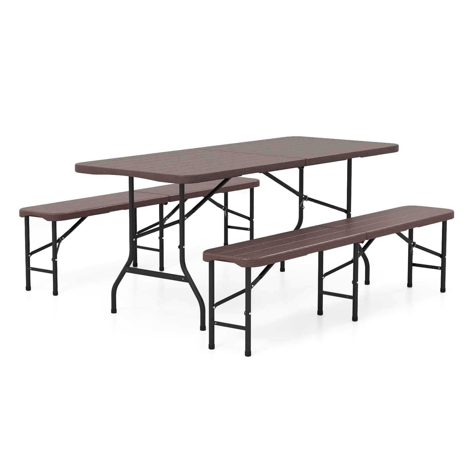 Goplus 6 FT 3-Piece Portable Picnic Table Bench Set, HDPE Wood-Like Plastic Folding Picnic Tables with Benches, Foldable Patio Camping Beer Table, Indoor & Outdoor Folding Table and Chairs