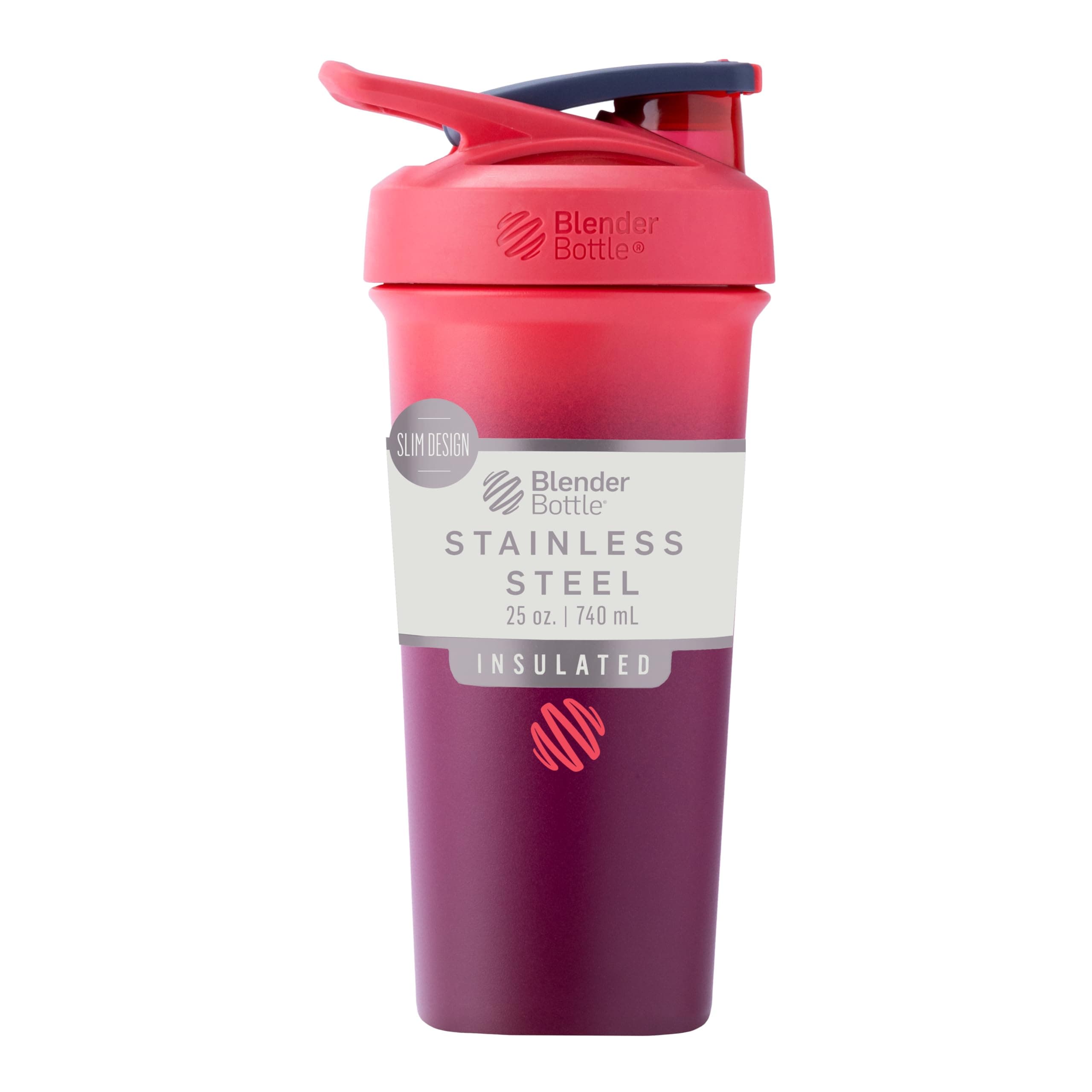 BlenderBottle Strada Sleek Shaker Cup Insulated Stainless Steel Water Bottle with Wire Whisk, 25-Ounce, Sangria Ombre