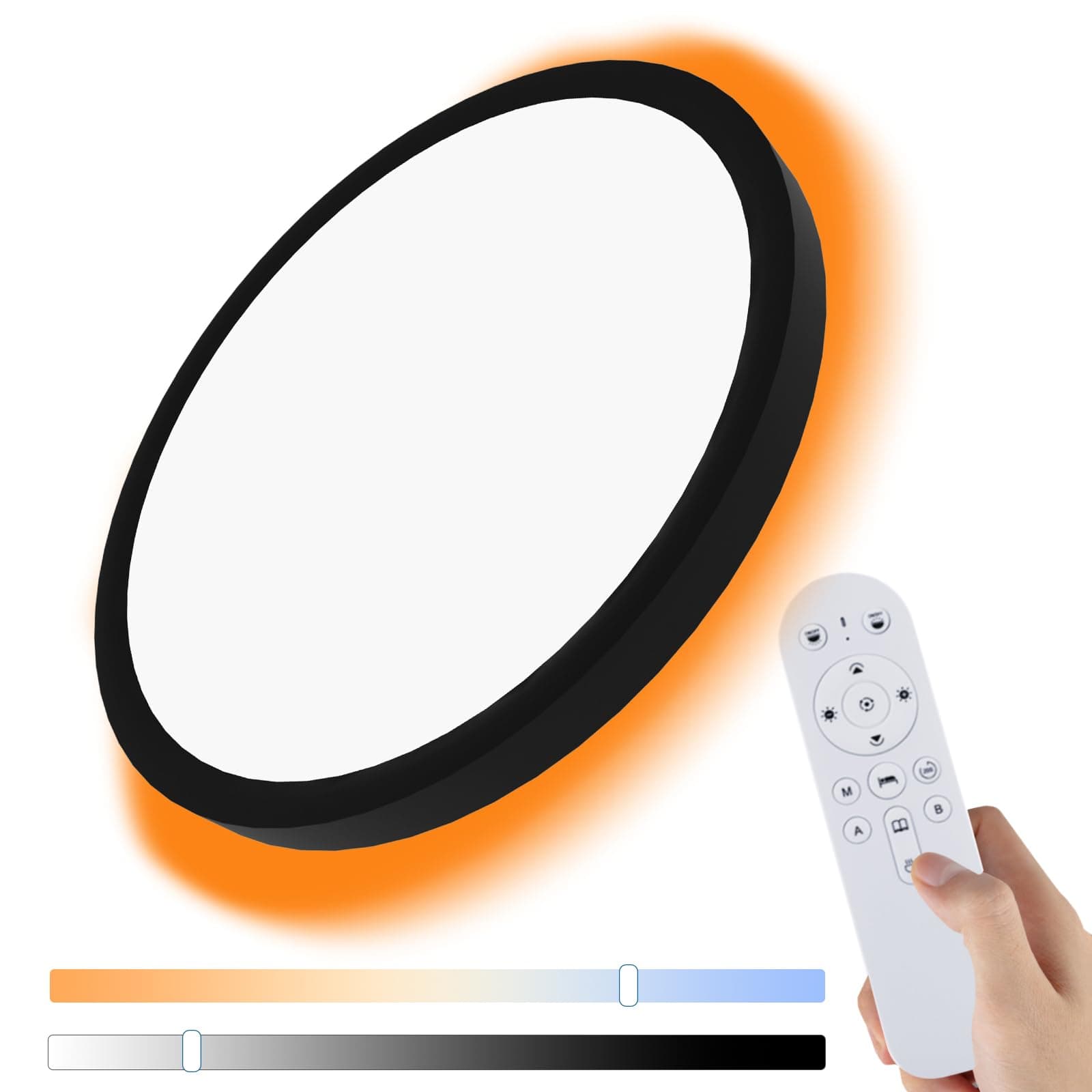 12 Inch LED Flush Mount Ceiling Light Fixture with Remote Control, Dimmable 2000K Warm Night Light for Bedroom, 24W 3000K-6500K Color Adjustable Ceiling Lamp for Hallway, Memory Function, Black
