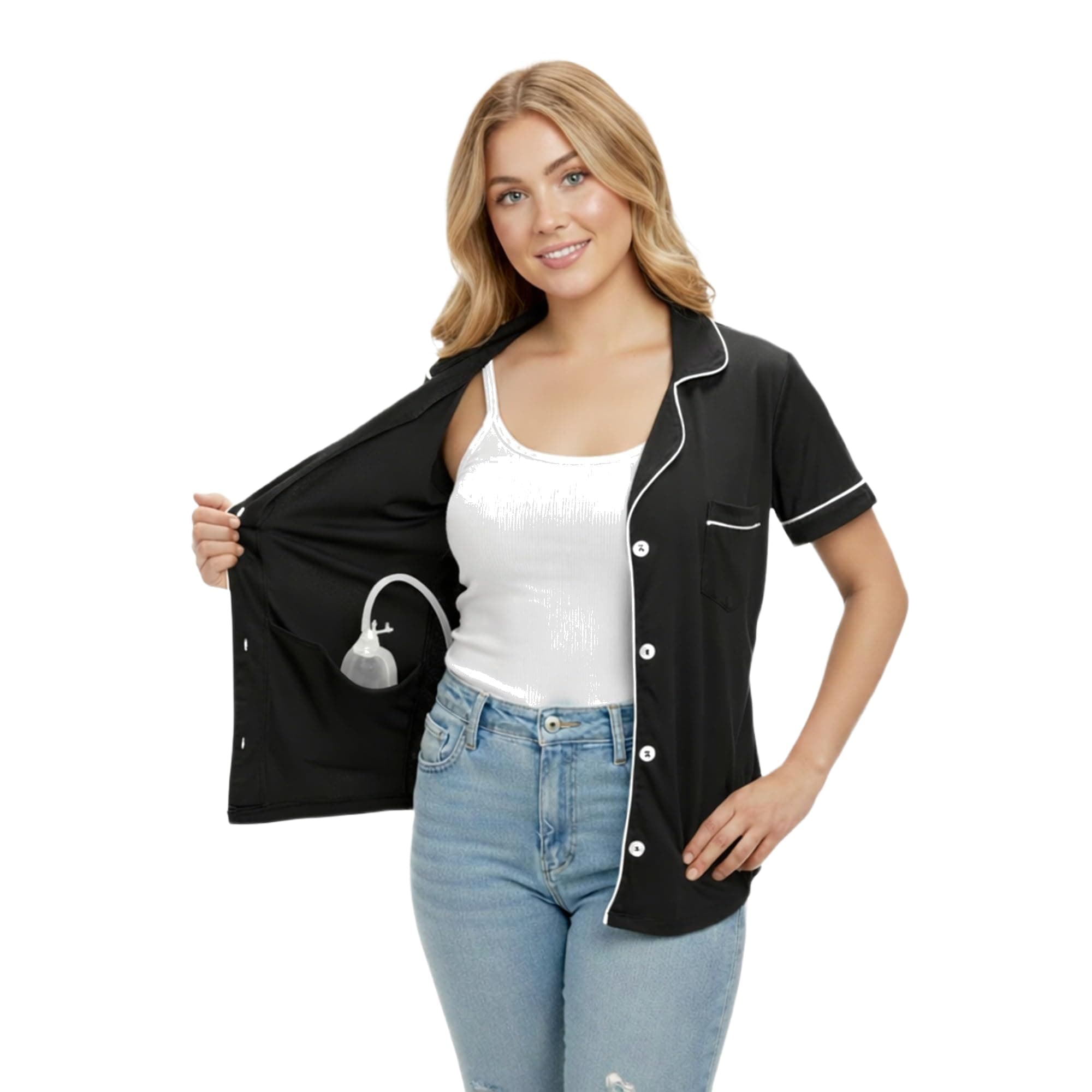 USBD Post Mastectomy Shirt with Drain Pockets, Button Front Lapel Collar, Soft Cotton Blend Post Op Recovery Top, Black, L