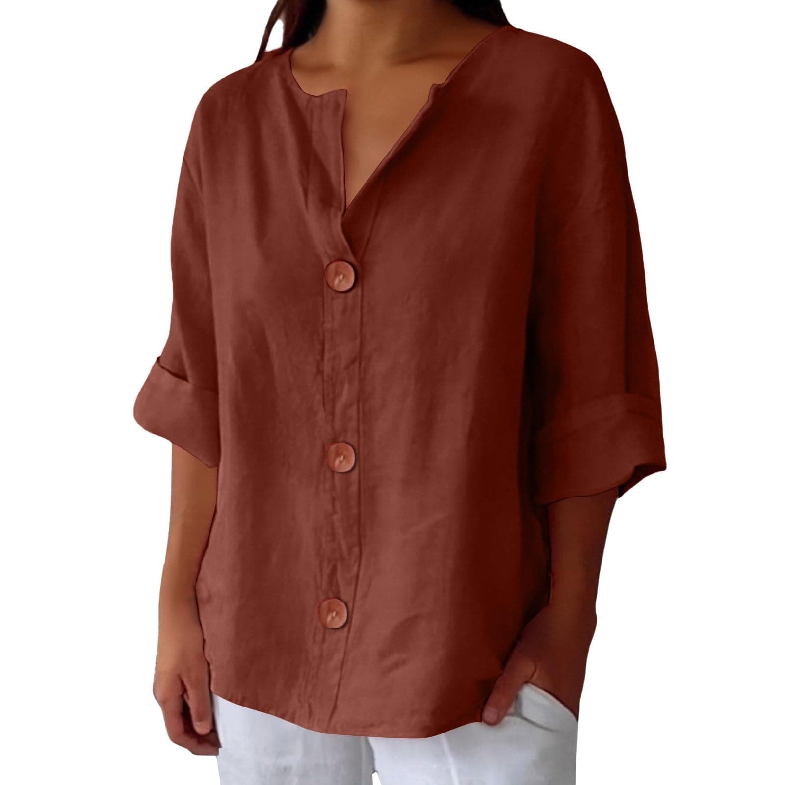 Summer Tops for Women 2026 Trendy Linen Shirts V Neck 3/4 Sleeve Gauze Tunic Loose Beach Boho Fashion Casual Plus Size Solid Blouses Lightweight Spring Break Clothes Resort Vacation Outfits Coffee