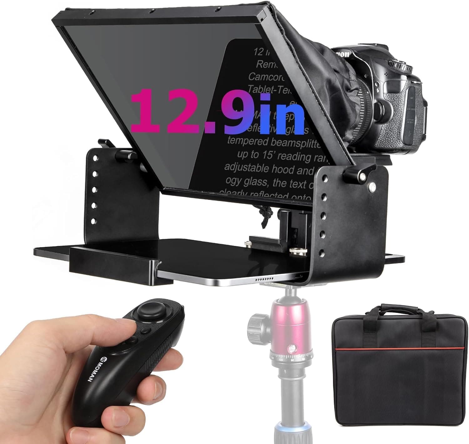 Moman Teleprompter, MT12 Metal Prompter Kit 12 inch for 12.9inch iPad Tablets with APP Remote Control for DSLR Camera Camcorder Smartphone Mobile, Tablet-Teleprompter-Autocue-Camera-Prompting(12inch)