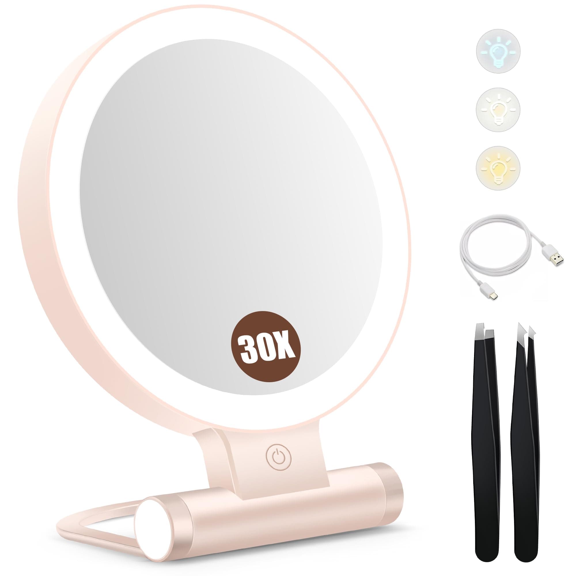 Magnifying Mirror with Light 30X, Double-Sided 1X/ 30X Magnifying Makeup Mirror with Tweezer, 2000mAh 3 Colour Modes with Adjustable Brightness, Foldable Travel Mirror(Pink)