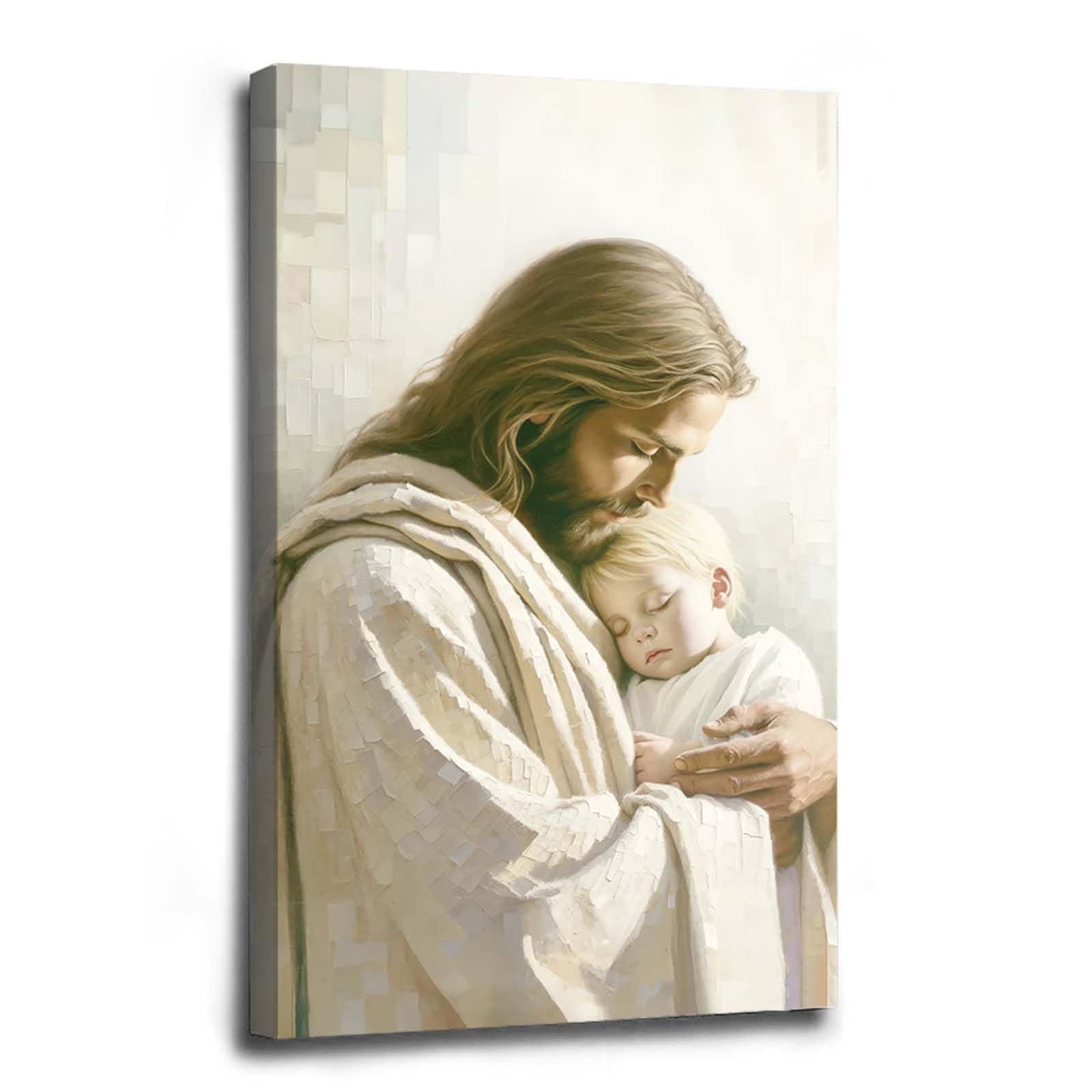 Jesus hugs child wall art safe in his arms Christ hugs white baby motivational wall decor christian picture vintage print poster modern religious painting christian home decor gift for christians