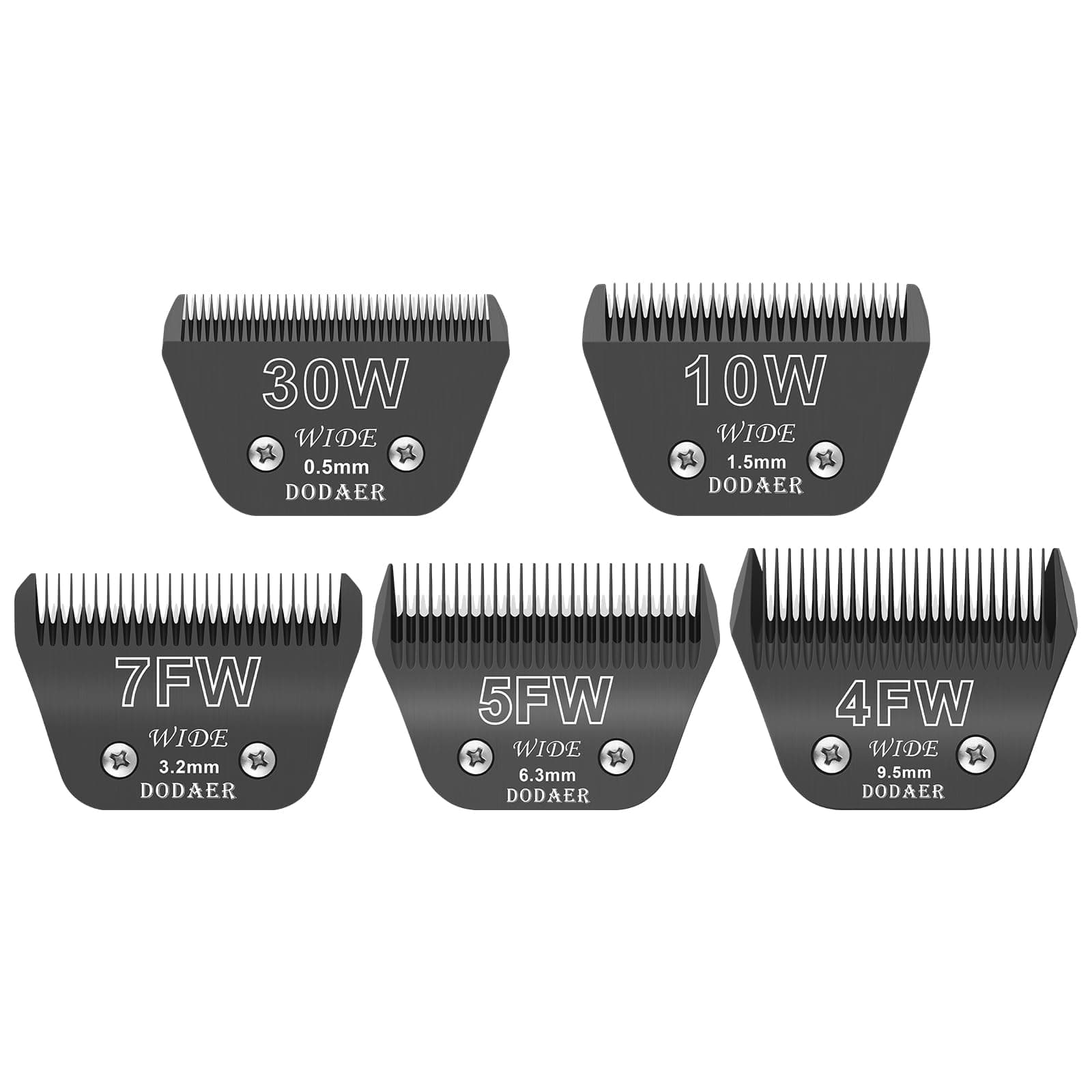 Wide Blades for Dog Grooming,Compatible with Andis,Oster A5,Wahl km10 Dog Clippers,Cut Length 1/50"(0.5mm) to 3/8”(9.5mm)， (Black, 30W+10W+7FW+5FW+4FW)