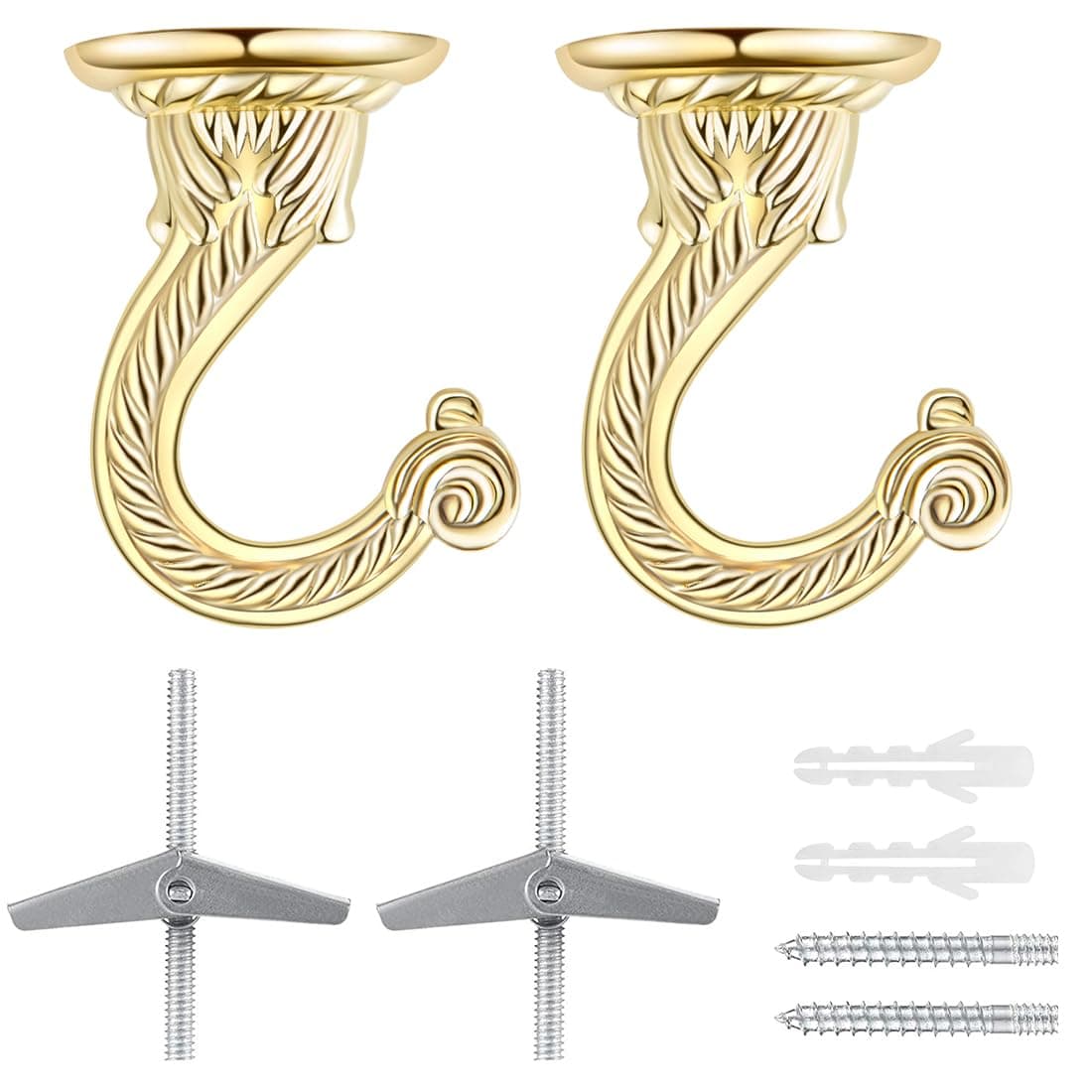 Evsteluo 2 Sets Large Screw-in Swag Ceiling Hooks, Heavy Duty with Hardware for Hanging Plants, Chandeliers, Light Fixtures, Indoor Outdoor (Gold)