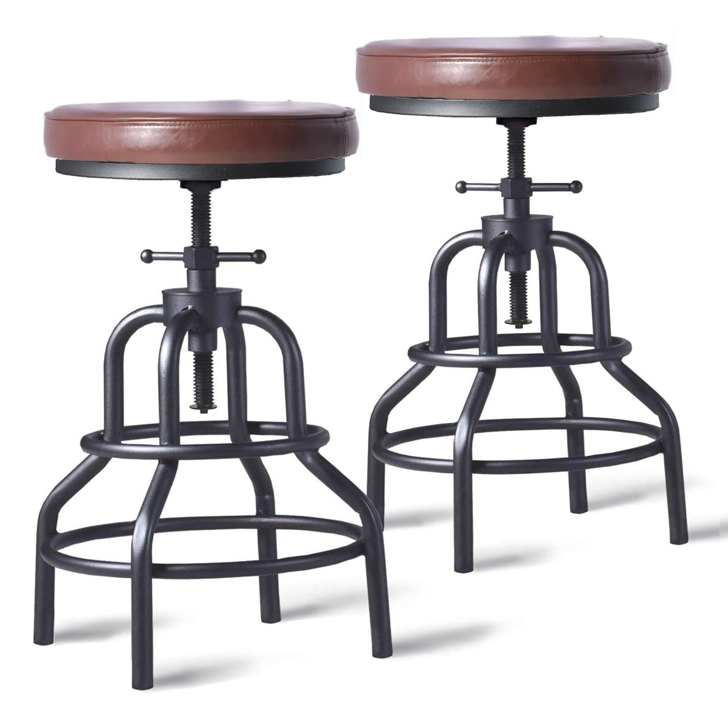 Industrial Bar Stools-Swivel Leather Metal Bar Stool-20-27 Inch Tall Counter Height-Adjustable Kitchen Stool Dining Chair Cafe Stools (Set of 2)