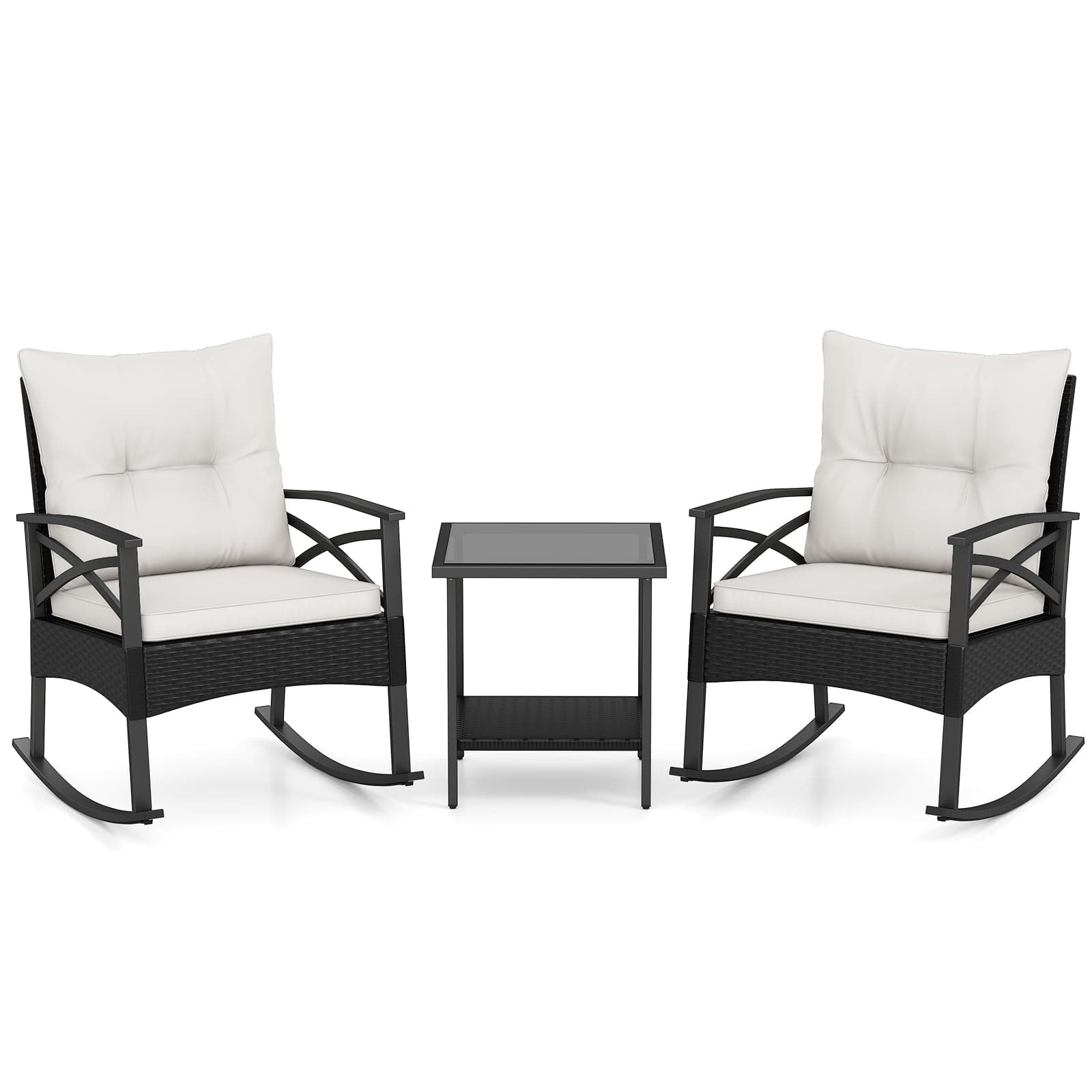 RELAX4LIFE 3-Piece Rattan Patio Rocking Chair Set, 2 Wicker Glider Rocking Chairs w/2-Tier Tempered Glass Coffee Table, Outdoor Rocker Chair w/Cushion for Porch Balcony Backyard (Black-White)