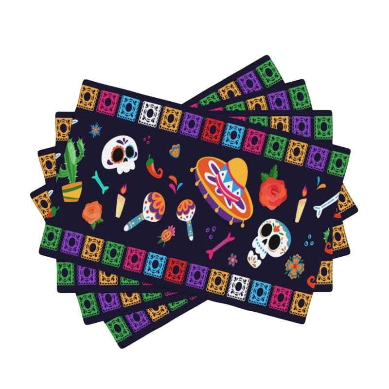 Mexico Placemat Set, Mexican Traditional Paper Lace Skull Pattern Decor Seasonal Fall Holiday Linen Table Mats for Dining Room Kitchen Party Cafe Banquet Wedding Decor 18" L x 12" W【4 PCS】