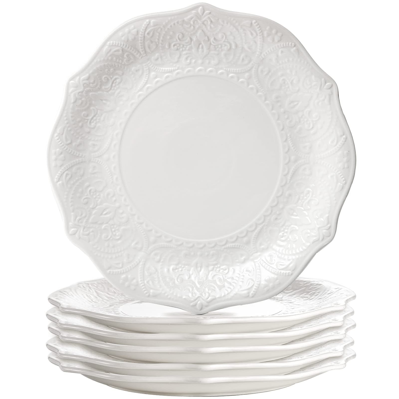 SOUJOY Set of 6 Porcelain Dinner Plate, 10.5''/26.7cm White Main Course Dish, Embossed Printing Dinnerware Plate for Dinner, Restaurant, Family Party, Microwave, Dishwasher Safe