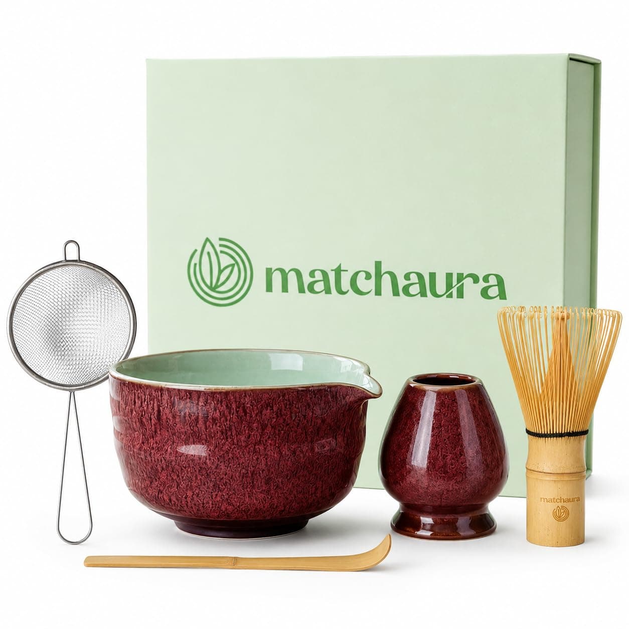 Premium Matcha Whisk Set with Spouted Ceramic Bowl – 5-Piece Matcha Kit with Bamboo Whisk, Holder, Sifter & Scoop – Magnetic Gift Box
