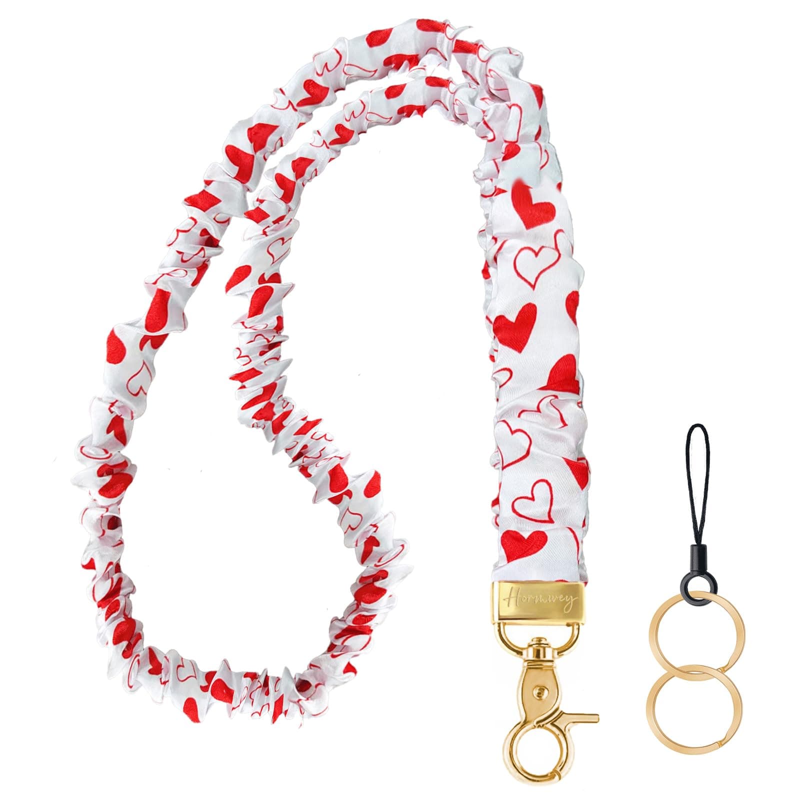 Hovmwey Scrunchie Teacher Lanyards for ID Badges Keys, Cute Long Neck Key Lanyard Straps for Women Card Holder Keychain Wallet（Heart Print）
