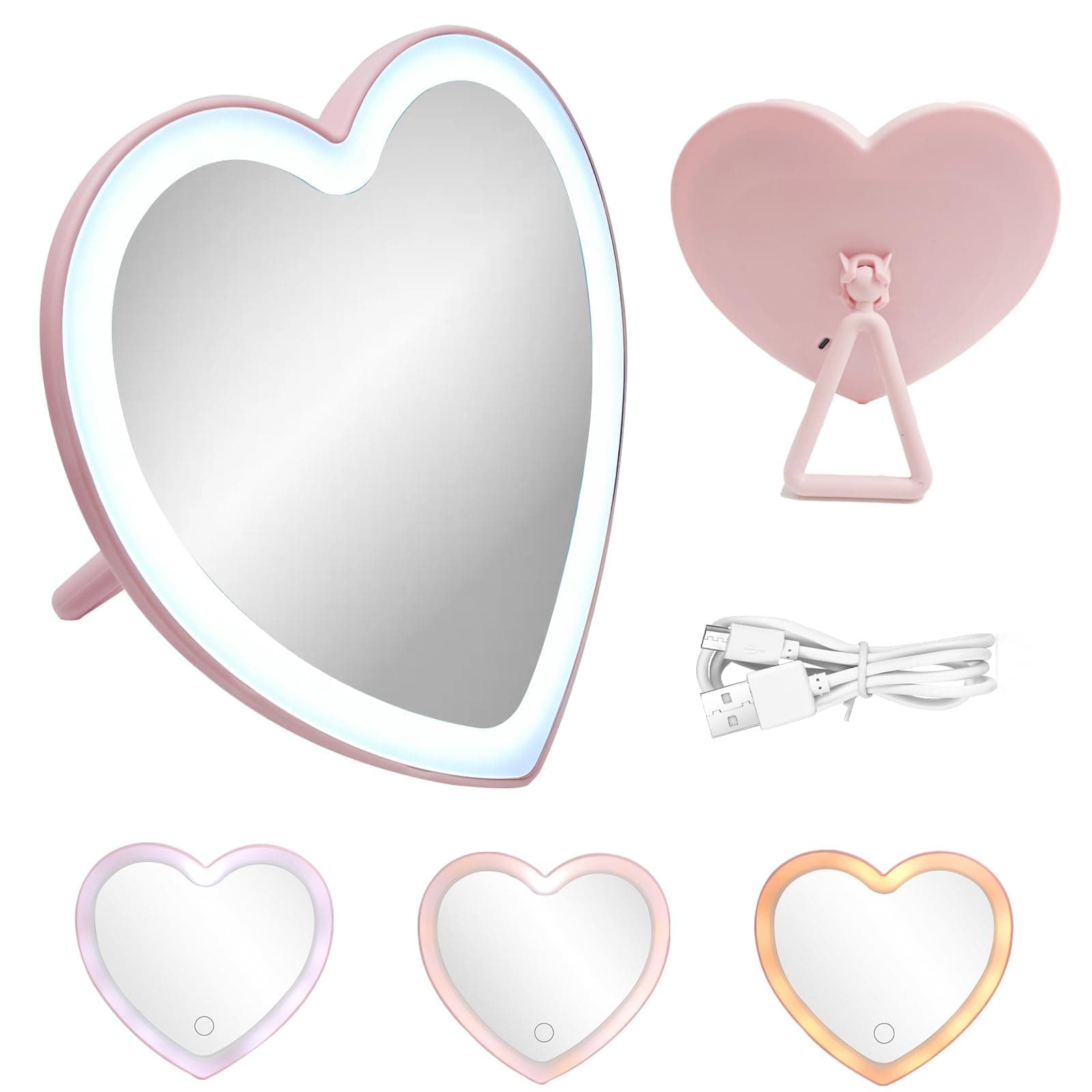 Taolivingmart Pink Heart LED Makeup Mirror Kids USB Foldable Travel Vanity