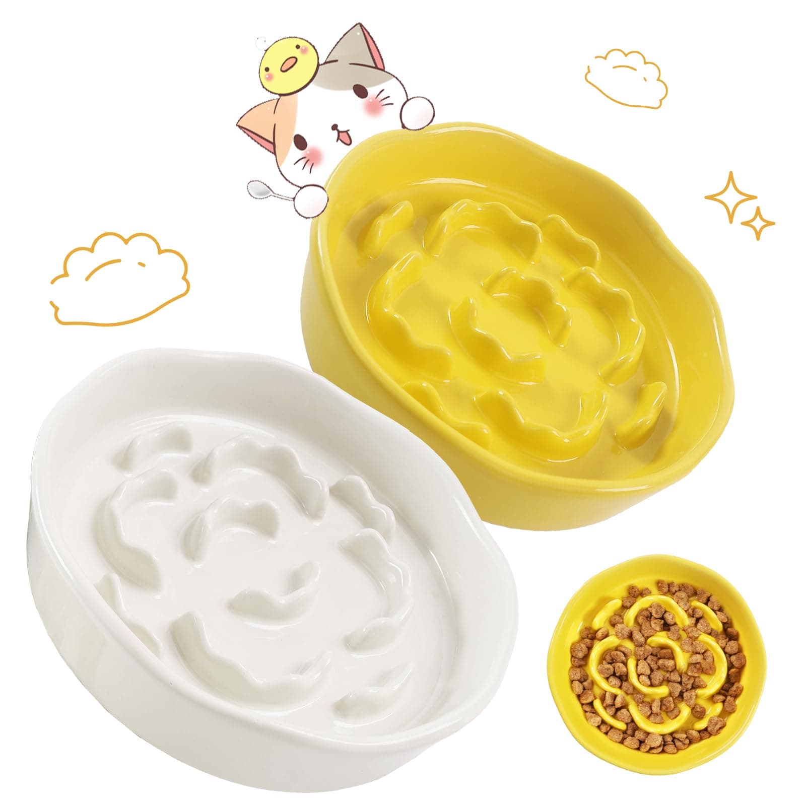 Cat Slow Feeder Bowl Set - 2 Pcs Pastel Series Cat Plate for Dry and Wet Food - Cute Maze Feeder Dish for Healthy Eating- Dishwasher Safe.(Yellow and White)