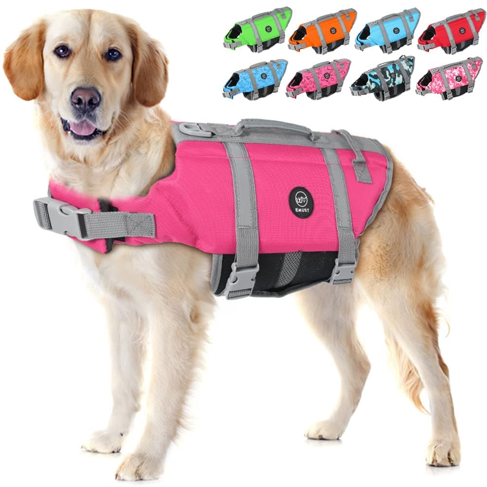 EMUST Dog Life Preserver - Flotation Vest for Swimming, Beach & Boating - High Buoyancy - Sizes M, L - New Solid Pink