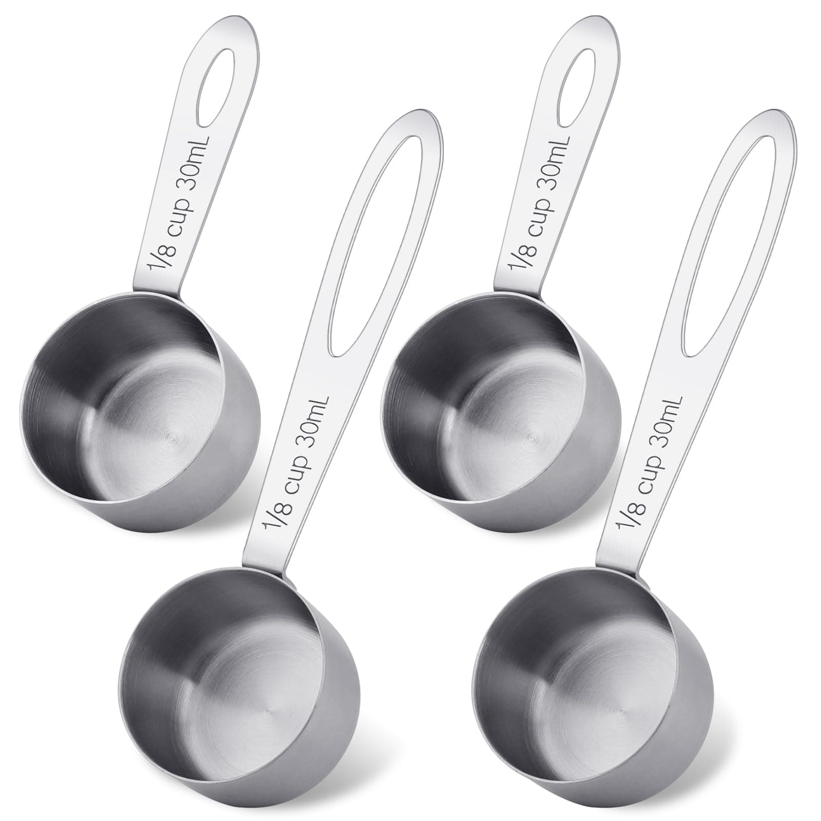 4Pcs 1/8 Cup Measuring Cup, 30ml Scoop, Stainless Steel Measuring Cups, Coffee Scoops, Measuring Scoops Tablespoon Measure Spoon, Short Handle & Long Handle Cooking Measuring Scoop(30ML)