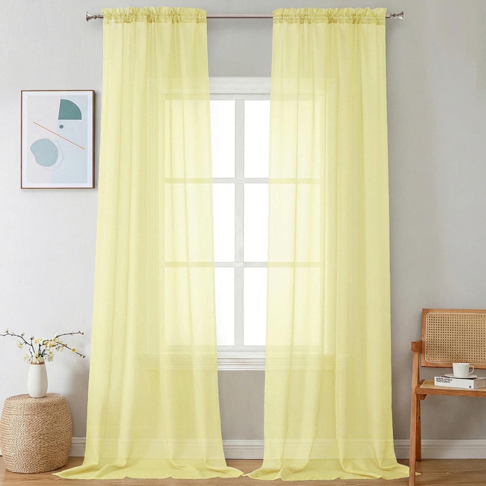 Chyhomenyc Sheer Curtains 108 Inch Length 2 Panels Set - Extra Long Light Filtering Solid Voile Window Drapes for Living Room Bedroom, 42Wx108L, 9FT Length, Light Yellow