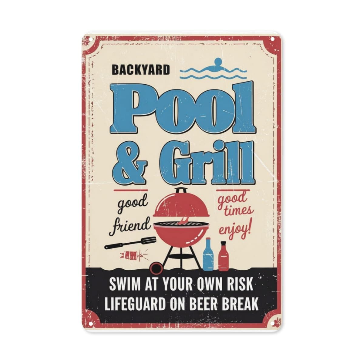 HJHJHHJJGJFF Pool Party Metal Poster Backyard Grill & Swim at Own Risk Retro Outdoor Wall Art for Patio, Beer Lover Gifts & Summer Decor 8"x12"