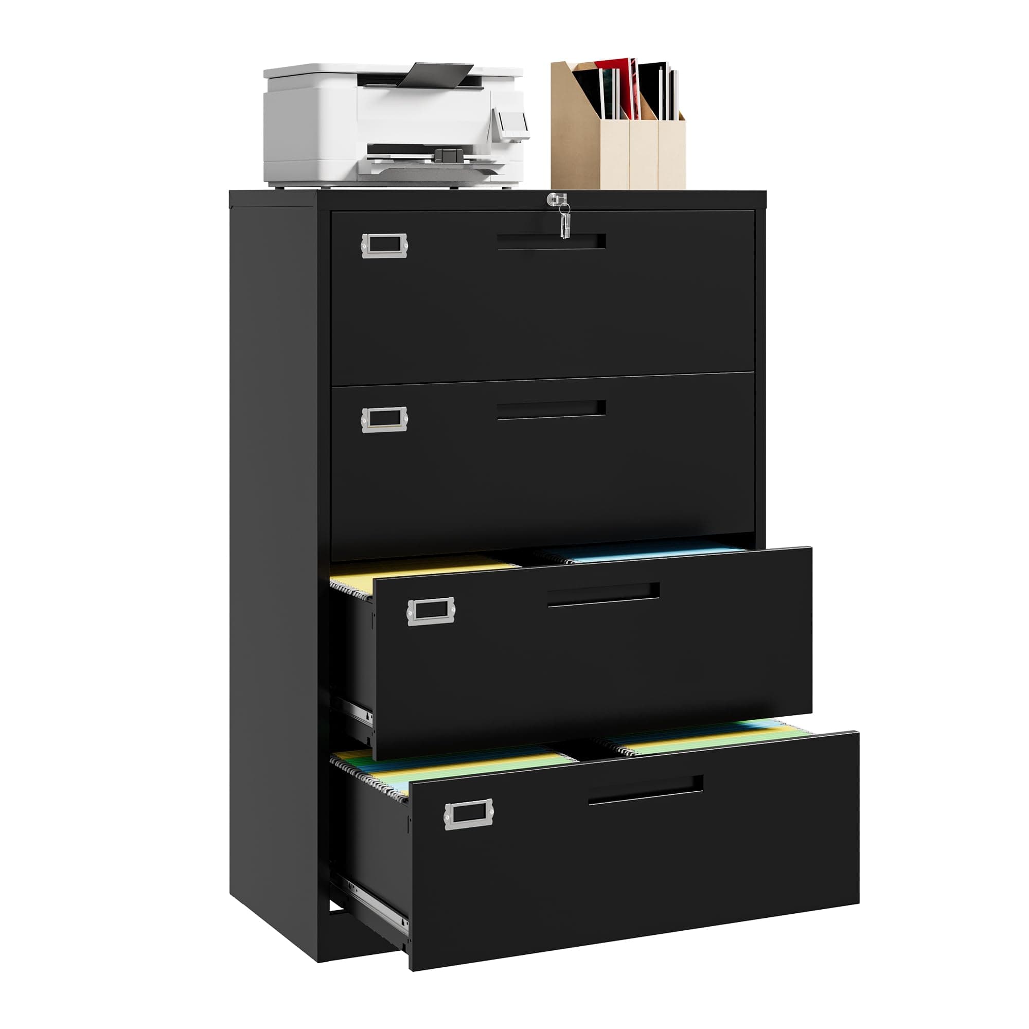 Letaya Lateral 4 Drawer File Cabinets with Lock,Metal Filing Organization Office Cabinets for Home Office Hanging Files Letter/Legal/F4/A4 Size (4 Drawer-Black)