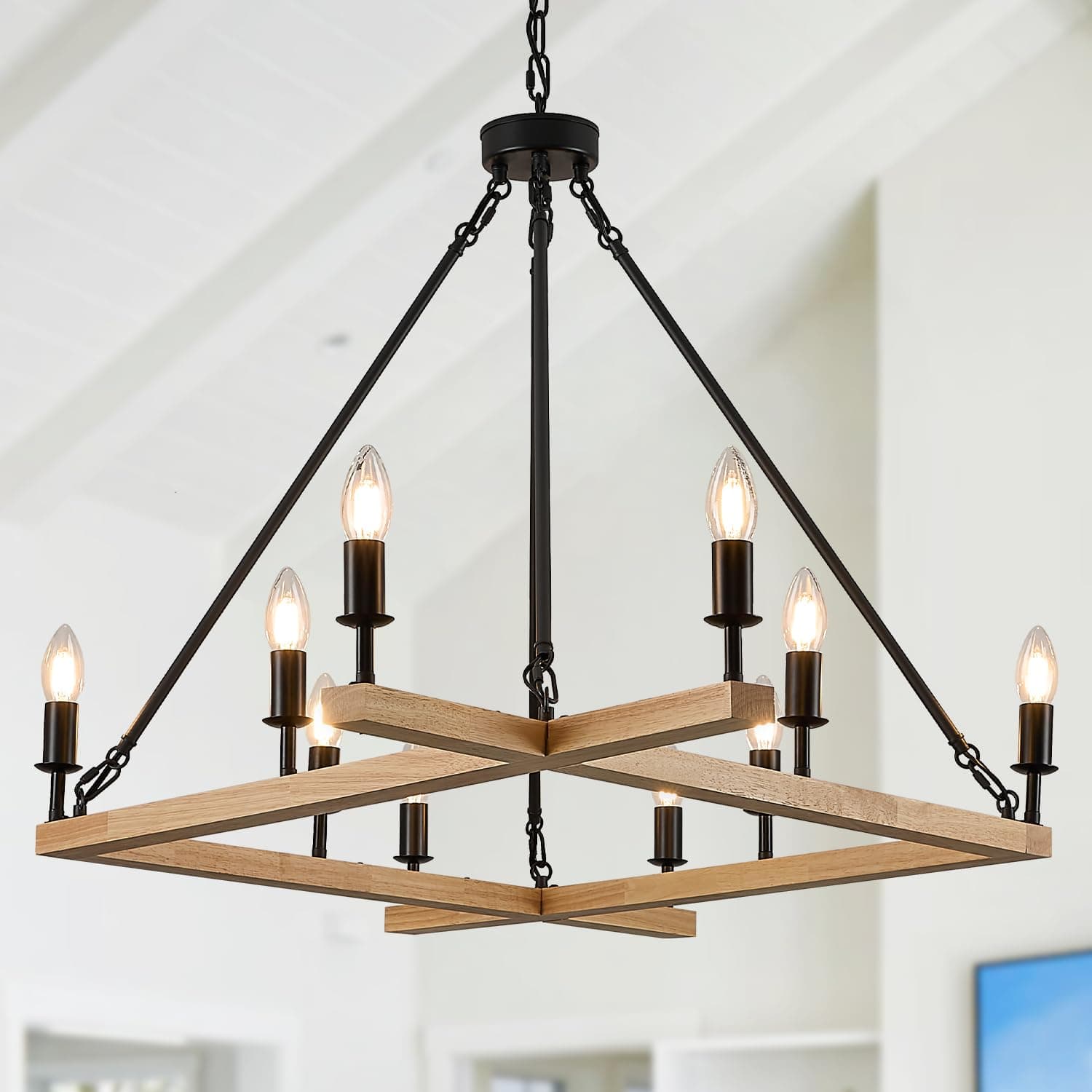 Poemoon Natural 53" Wooden Square Chandeliers 10-Light Candle Chandelier