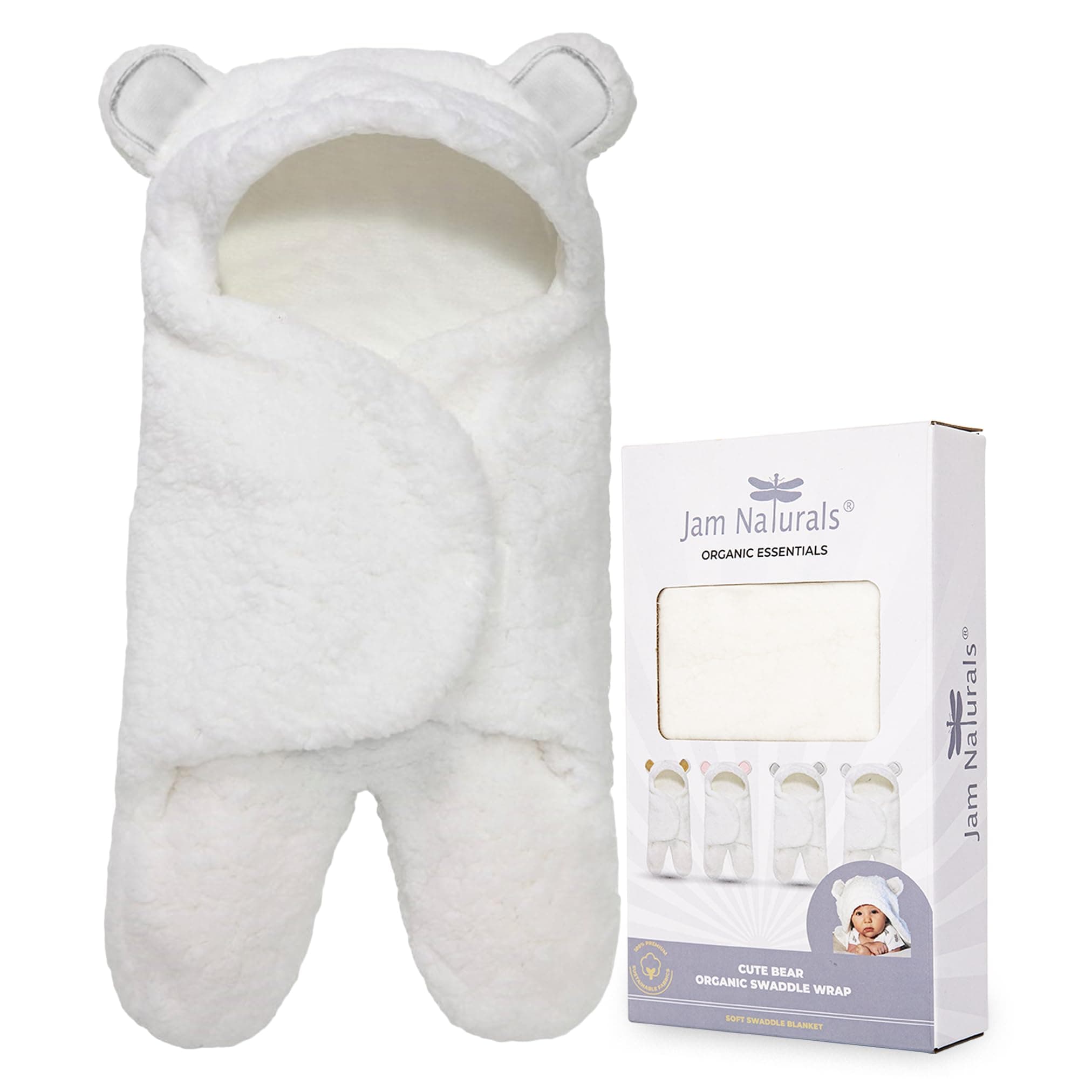 Jam Naturals Baby Swaddle Blanket, Cute Bear Organic Cotton Receiving Swaddling Wrap, Gender Neutral Soft Newborn Baby Registry Gift, White, 0-3m