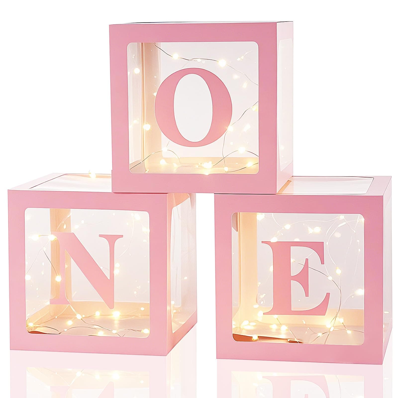 Qeeenar 3 Pcs One Balloon Box Decorations First Birthday Decorations with Letters Shower Party Supplies with 3 LED Fairy String Lights, No Balloons(Pink)