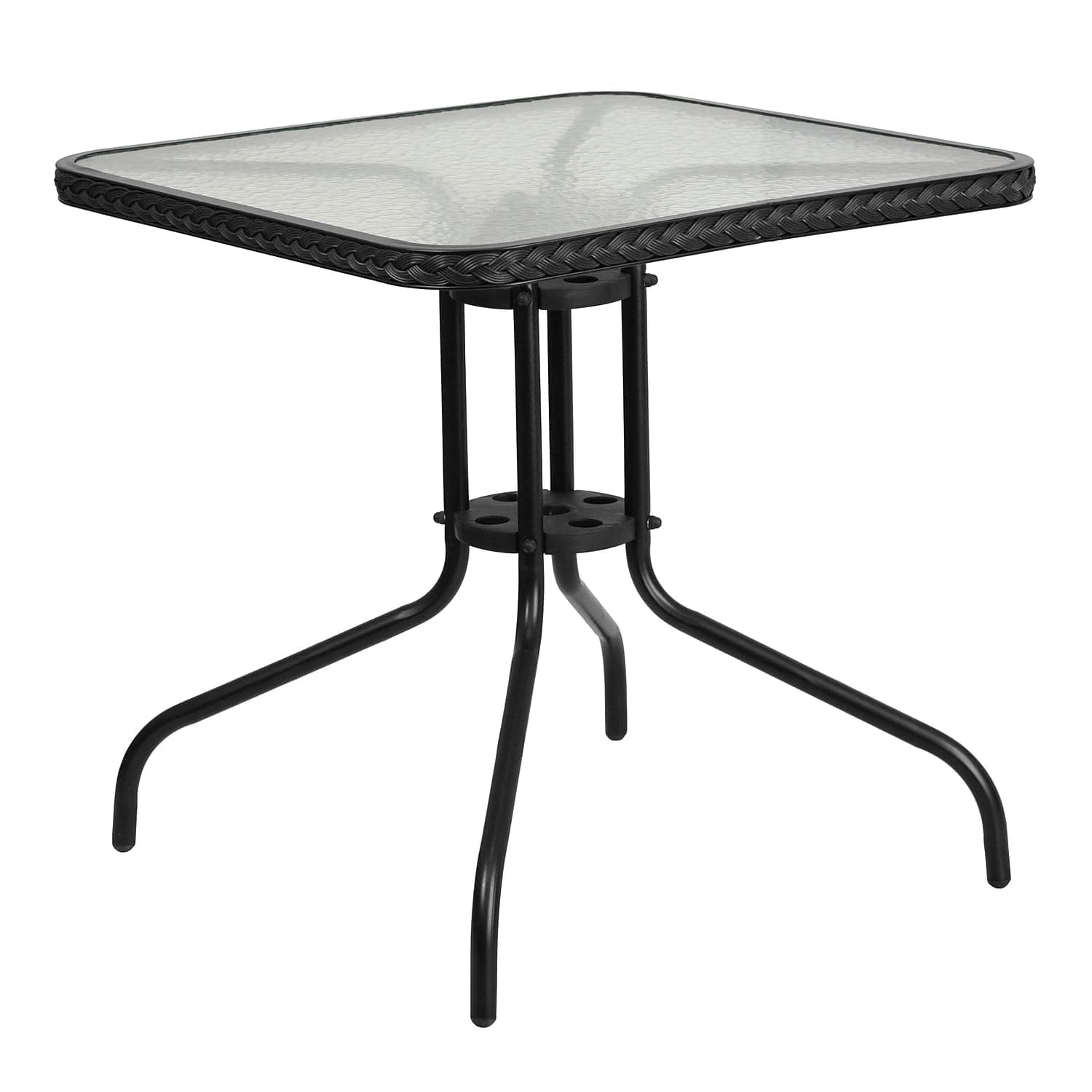 Flash Furniture Square Tempered Glass Metal Table with Black Rattan Edging, 28-Inch