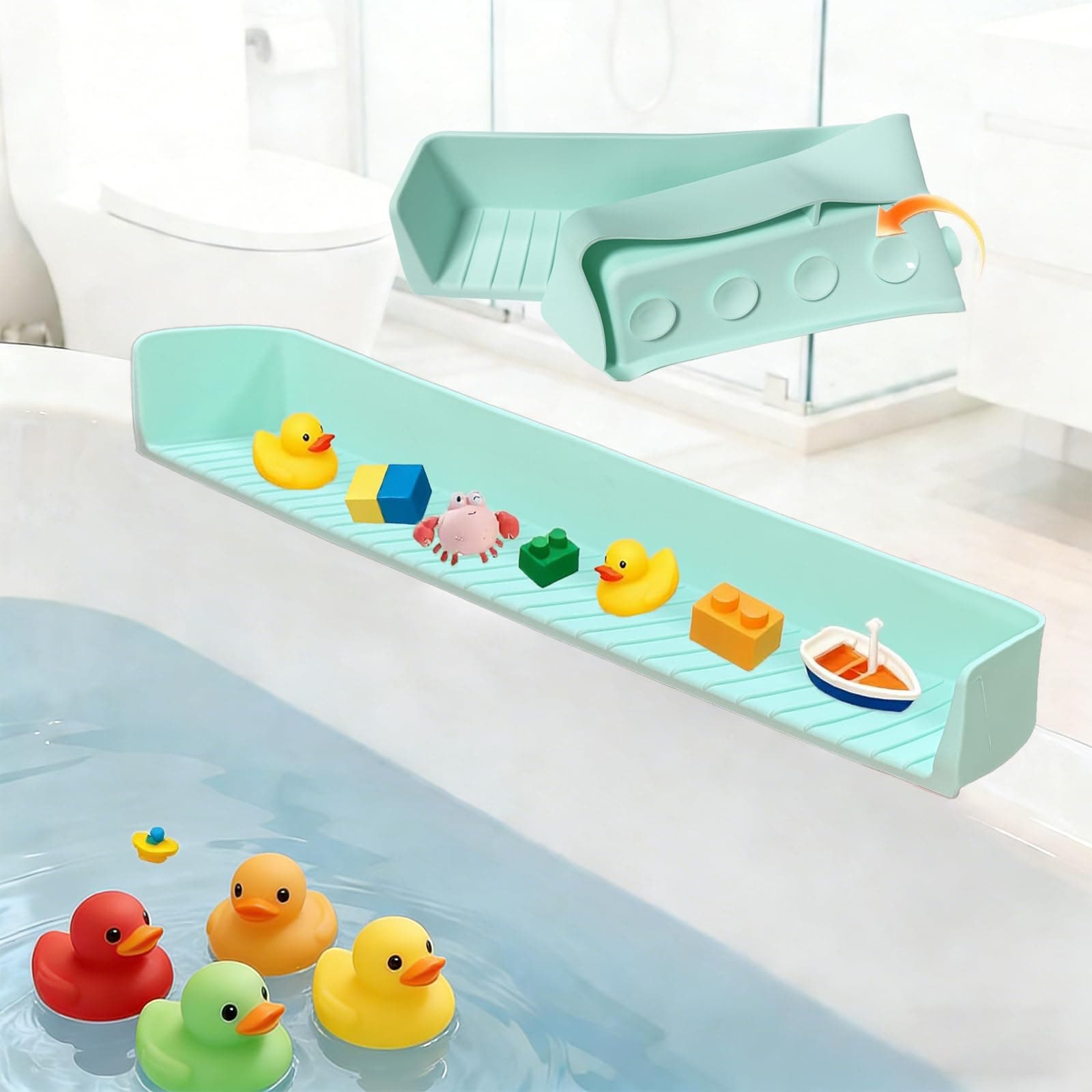 2.6-Ft Bathtub Splash Guard,Silicone Water Splash Guard with 11 Strong Suction Cups,Bath Tub Play Shelf for Kids & Toy Holder，Prevent Water Spills in Bathroom,No-Mess Bath Play Area & Storage (Green)