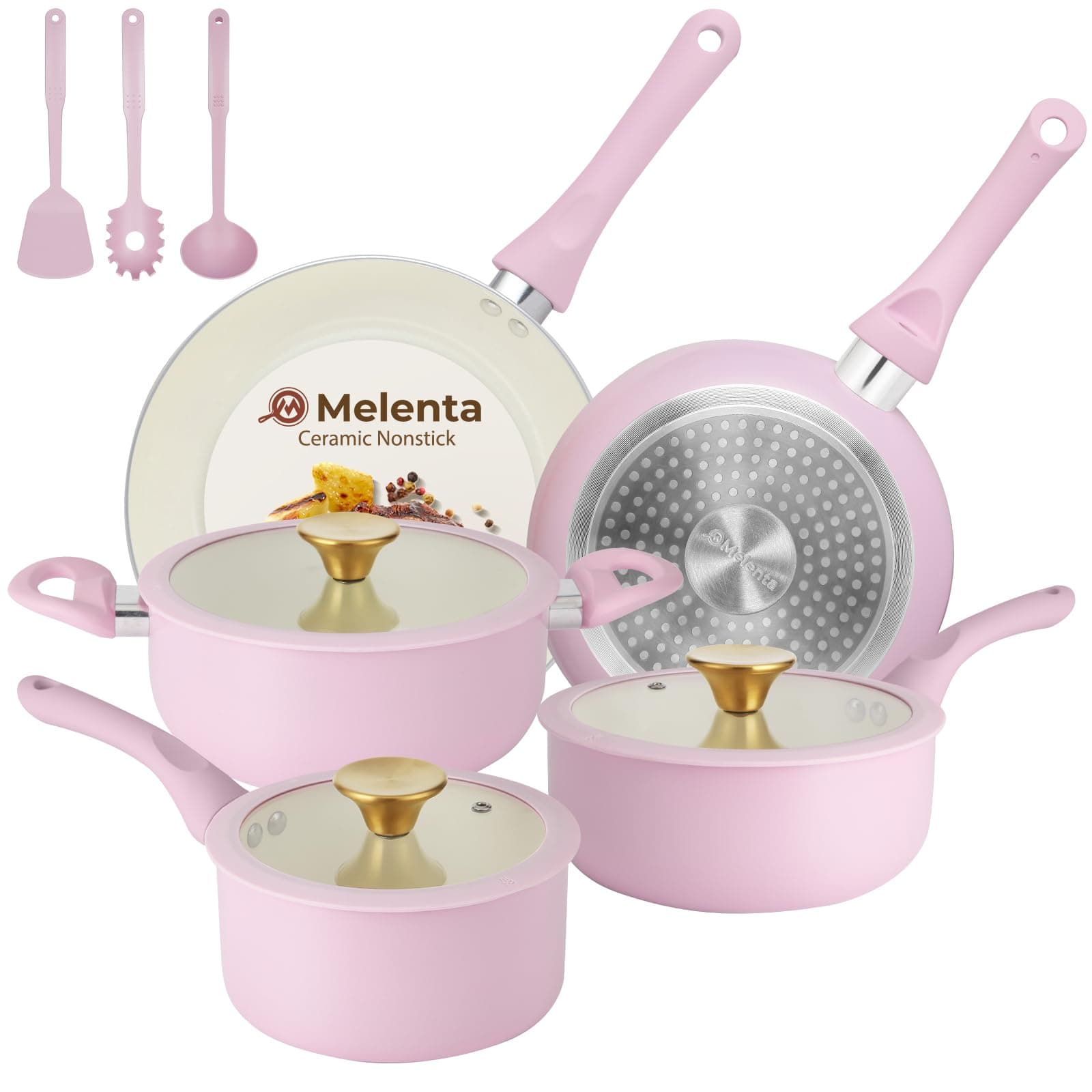 M MELENTA Pots and Pans Set Non Stick, 11 Piece Pink Ceramic Cookware Set