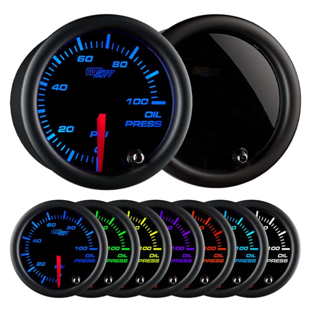 GlowShift Tinted 7 Color 100 PSI Oil Pressure Gauge Kit - Includes 1/8-27 NPT Electronic Sensor & Wiring - Multi-Color Display - Black Dial - Smoked Lens - for Car & Truck - 2-1/16" 52mm