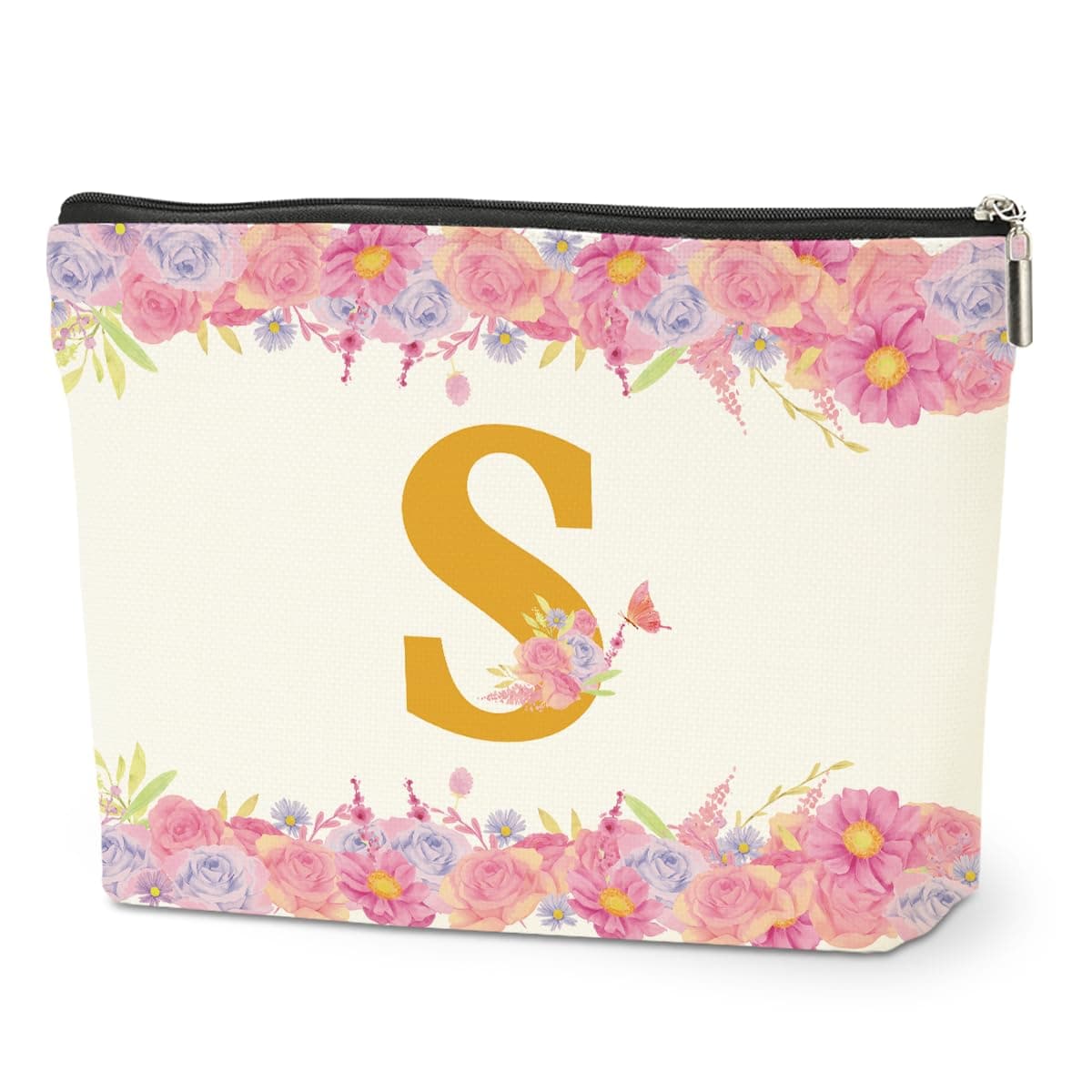 Rose Floral Initial Makeup Bag, Personalized Makeup Bag, Birthday Gifts for Women Mom Sister Friends, Monogrammed Cosmetic Bags Letter S Zipper Pouch, Travel Toiletry Bag Large Capacity Canvas Makeup