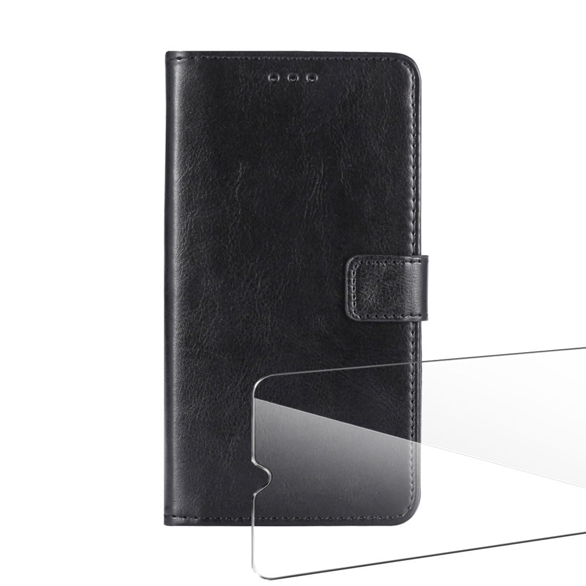 WQTYLDMY for Doogee Note 56X Pro Case Magnetic Leather + 1 Pcs Screen Protector Tempered Glass - Flip Leather Shockproof Credit Card Holder Stand Cell Accessories (Black)