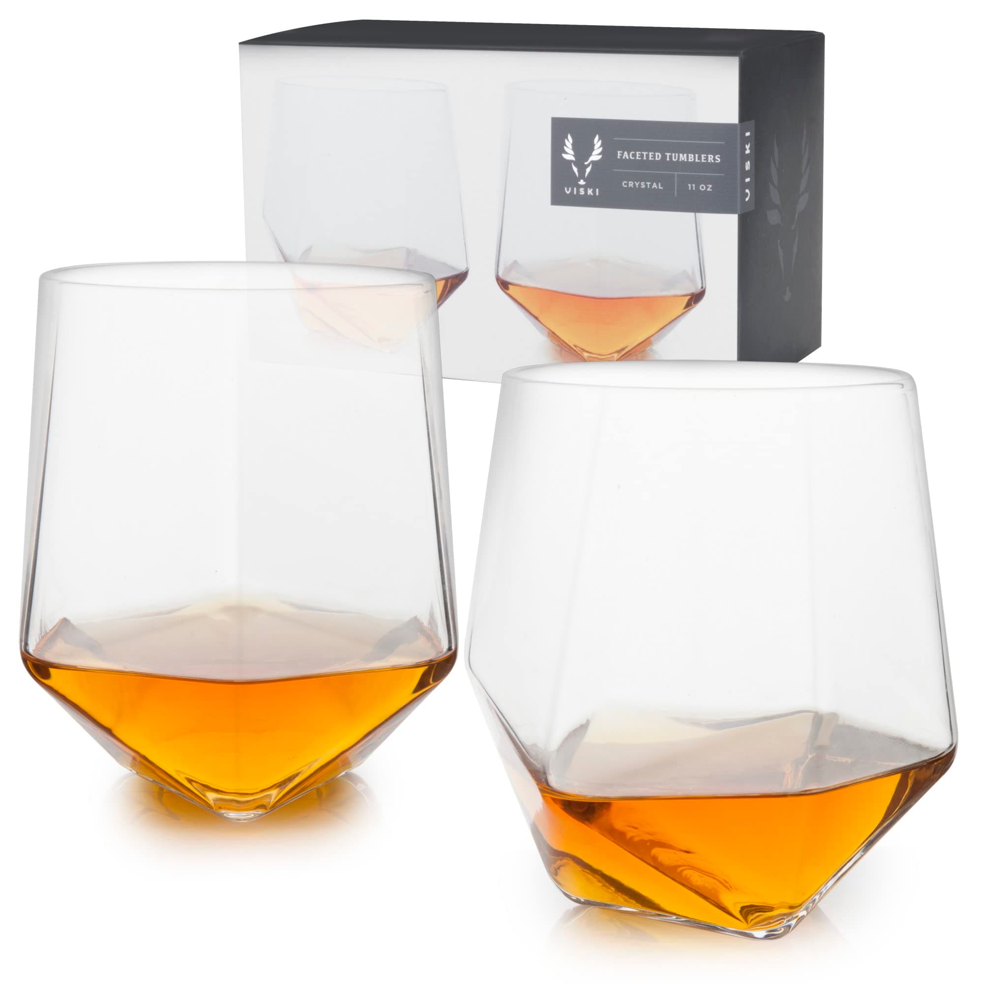 Viski Seneca Faceted Crystal Tumblers Set of 2 - Premium Crystal Clear Glasses for Cocktails, Bourbon and Liquor, Stylish Lowball Cocktail Glass Gift Set, 11 oz